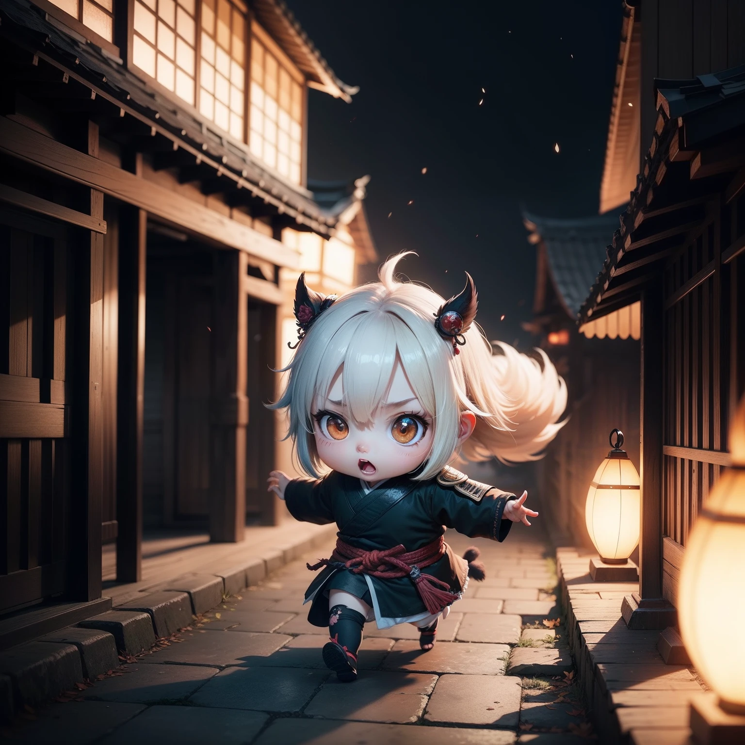 Nioh in Chibi Anime Being chased by something, high quality photograph, CCTV Video - Raw Style - AR 2:3 - 200 Years