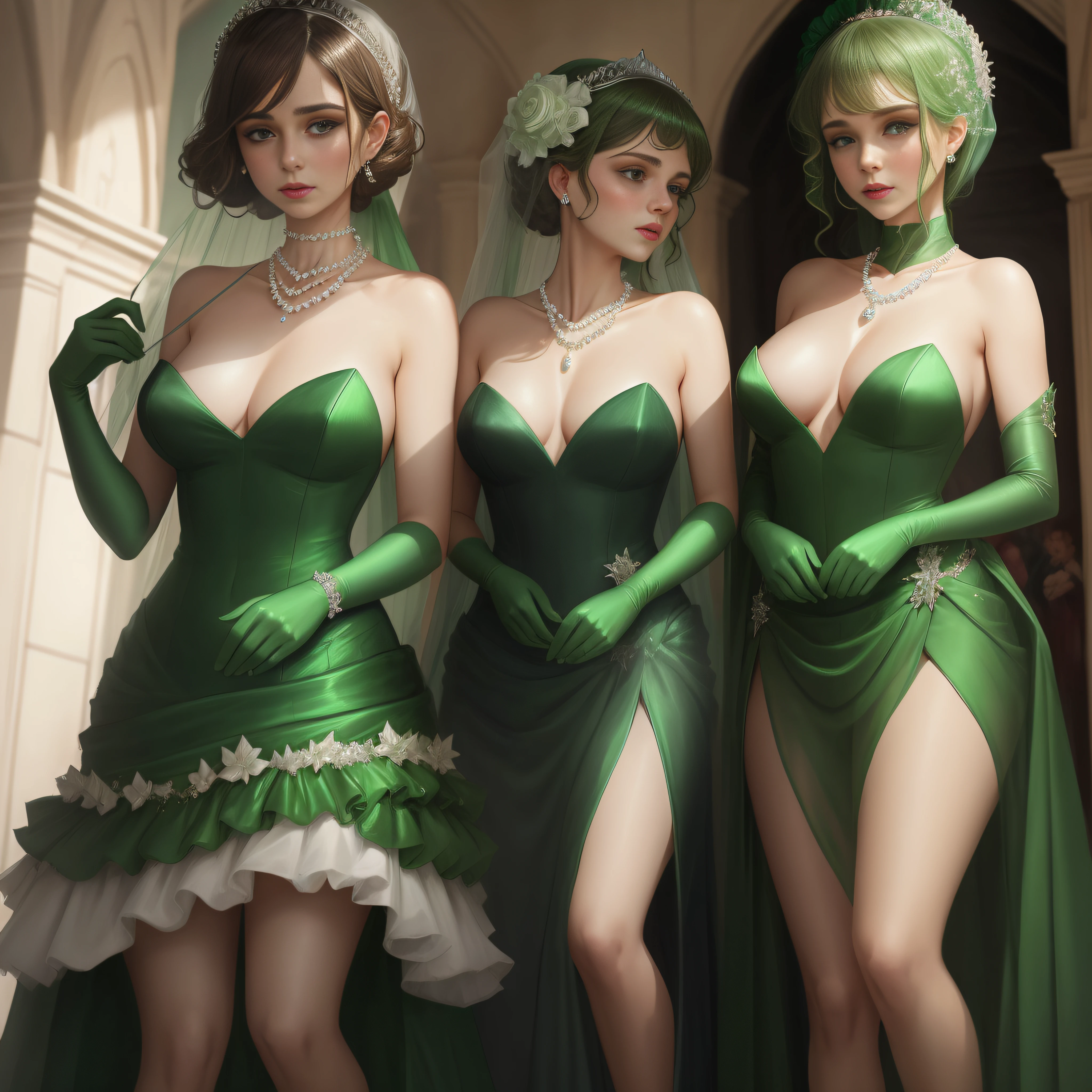 Pearl Necklace, Emerald tiara, Green Bridal Veil