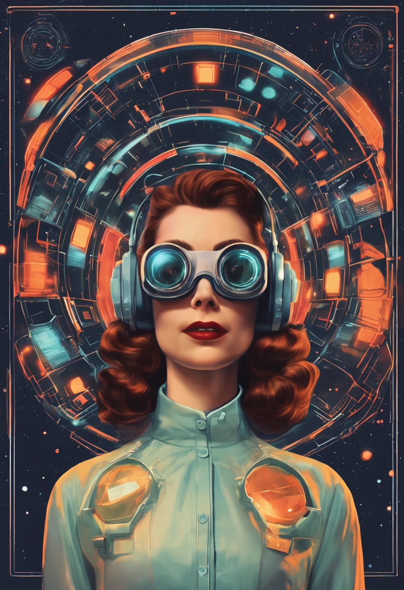 Portrait of a girl wearing prototypes of virtual reality glasses from 1950, inserted in front of a galactic portal