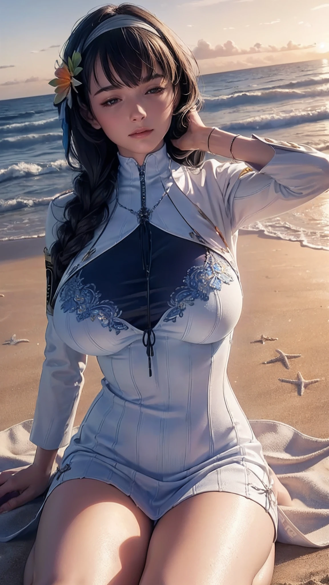 (((beautiful))), mary,blue sweater, white jacket, cropped jacket, long sleeves, open clothes, ribbed sweater, armband,, huge breasts,(((shiny skin))), ((intricate details)), hdr, ((intricate details, hyperdetailed)), cinematic shot, (((sitting in beach, sunset))), vignette, art by alphonso mucha