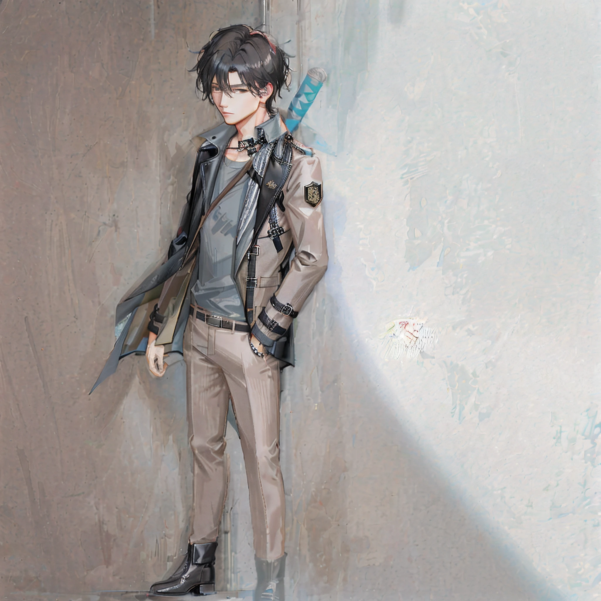 brunette color hair， ccurateblack hair， with short black hair， Neat hairstyle， Masculine male， Tall man（（Man wears black trench coat，grey pants））， Correct limbs， Correct anatomy， handsome， eye detailed， finely-detailed eyes， gold eyes， Wide chest， a broad shouldered， big breasts thin waist， long leges，serius face