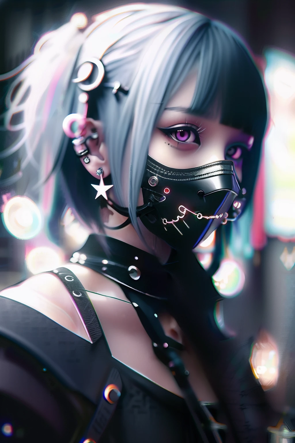 goth_punk, 1girl, solo, medium shot, walking in harajuku, ((night time)), bokeh, neon light, iridescent eyes, starry sky, white shimmer hair, white eyebrow, glowing hair, (iridescent white hair), earrings, bangs, jewelry, mask, blunt bangs, green eyes, mouth mask, blurry background, blurry, hair ornament, looking at viewer, short hair, portrait, sidelocks