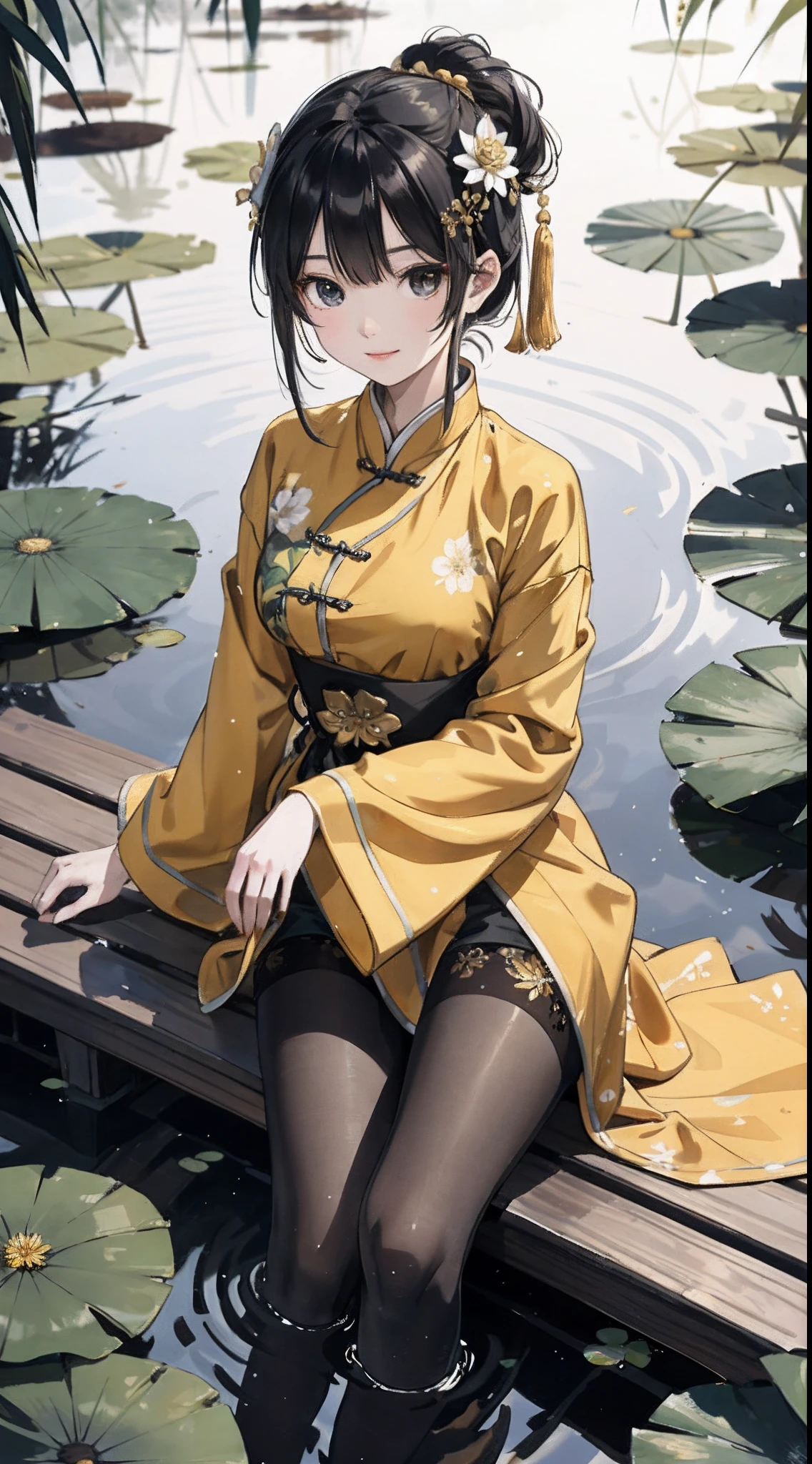 hoang lap，8K high resolution，ultra - detailed，（1girll：1.3），handpainted，Simple lines，16-year-old girl wearing golden Chinese clothes and black pantyhose，beuaty girl，In the lotus pond，tmasterpiece，Sit on a plank floating in the water，Floating hair，looking toward the viewer，ssmile，posed for photo，Large chest