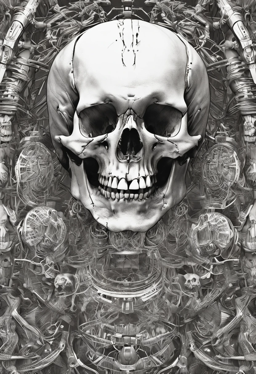 Close-up of three jawless human skulls in fantastic style, with the central skull facing the front and the other two lateral skulls turning to look at the central one
