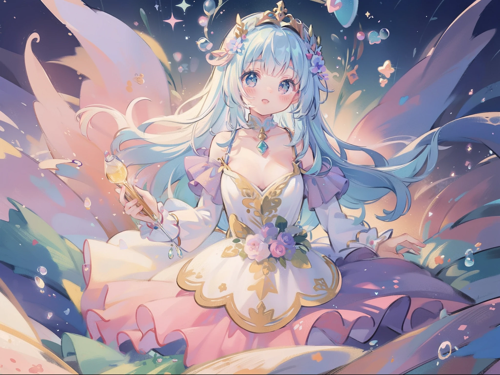 masterpiece, best quality, 8k resolution, sharp focus, intricate detail, beautiful girl, sparkling eyes, golden ratio face, otherworldly liquid, watercolor, ((pastel colors)), bright colors, whimsical, colorful, sharp focus, high resolution, fine detail, ((layered ballgown)), iridescent bubbles