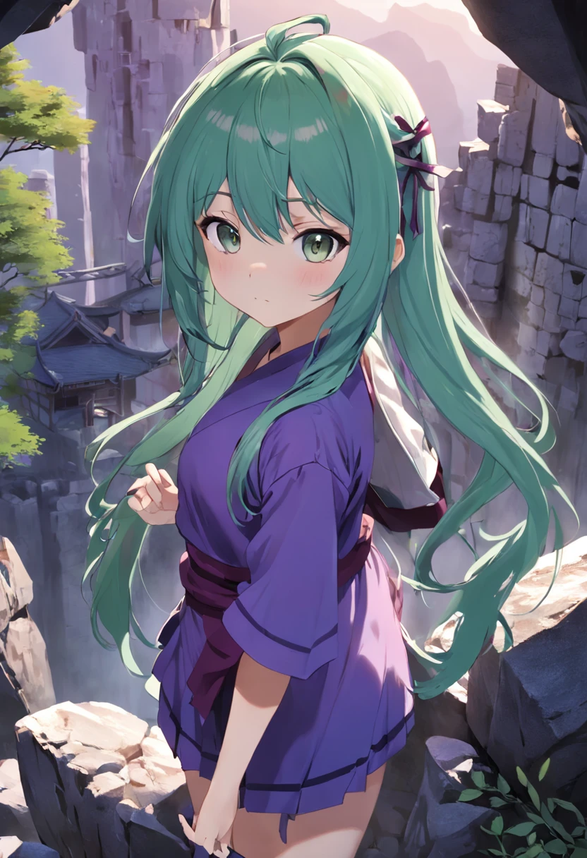 ancient ruin、Passarela de pedra、 do anime com cabelo roxo e camisa verde, estilo de arte moe anime, render de abril, Misato Katsuragi, menina jovem, arte cg anime suave, Visuais de anime de garotas fofas, feito com anime painter studio, (menina animeder de uma menina anime 3d boestilo de arte anime de alta qualidade、NSFW, (8k, Fotografia RAW, qualidade superior, obra prima:1.2), (realisitic, Fotorrealista:1.37), ultra-detalhada, 1 rapariga, solo, pequeno bonito,