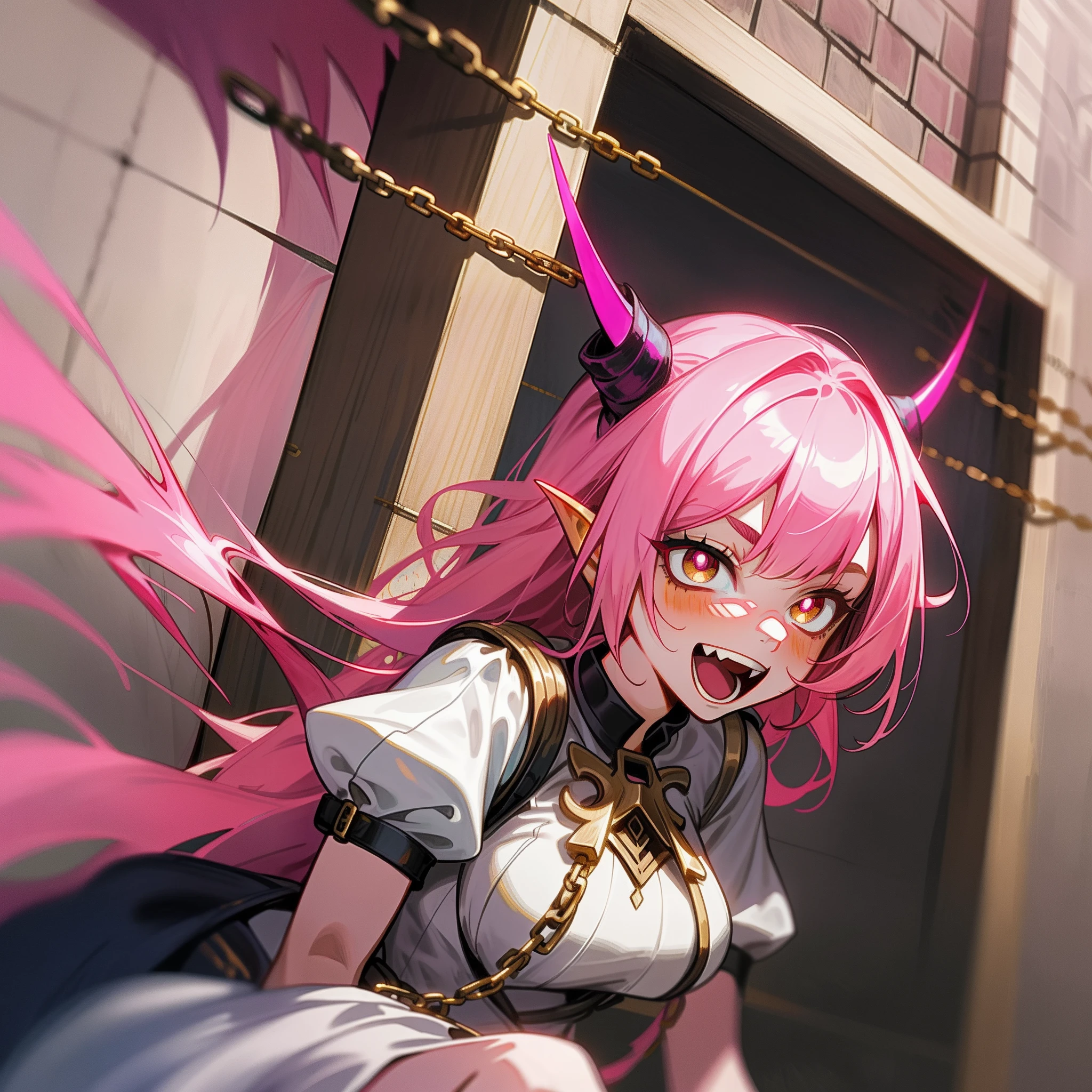 Pink hair,dual horsetail,s girl,Sick,Evil laughter,Two horns on the head,Pink and white dress,Golden pupils,Scissor element,With huge scissors,The hands are bound by chains,4K,Dingdall effect,Poster style