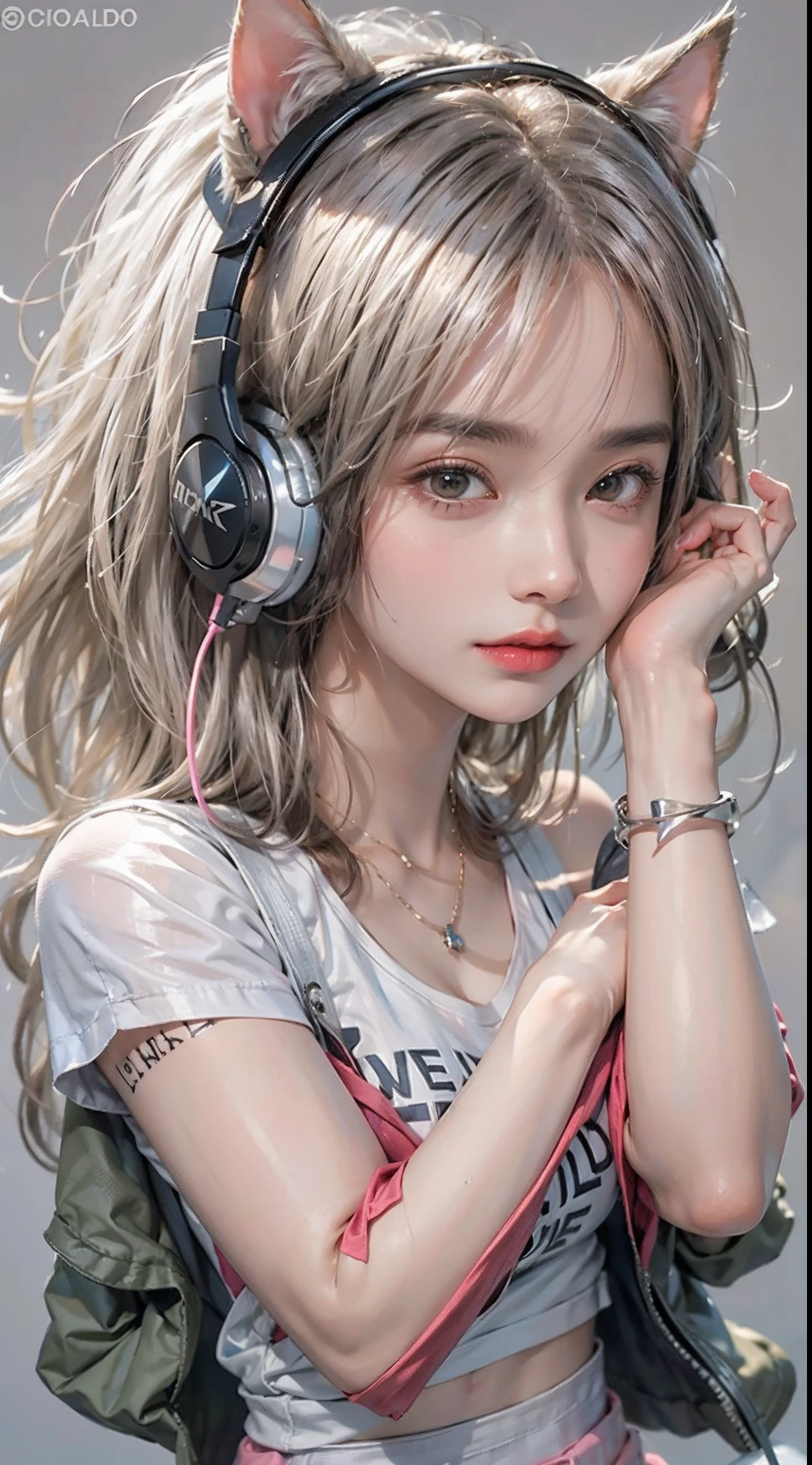 photorealistic, high resolution, soft light,1women, solo, hips up, shining skin, (detailed face), jewelry, tattoo, off-shoulder t-shirt, skirt, pink headphone, cat ears headphone