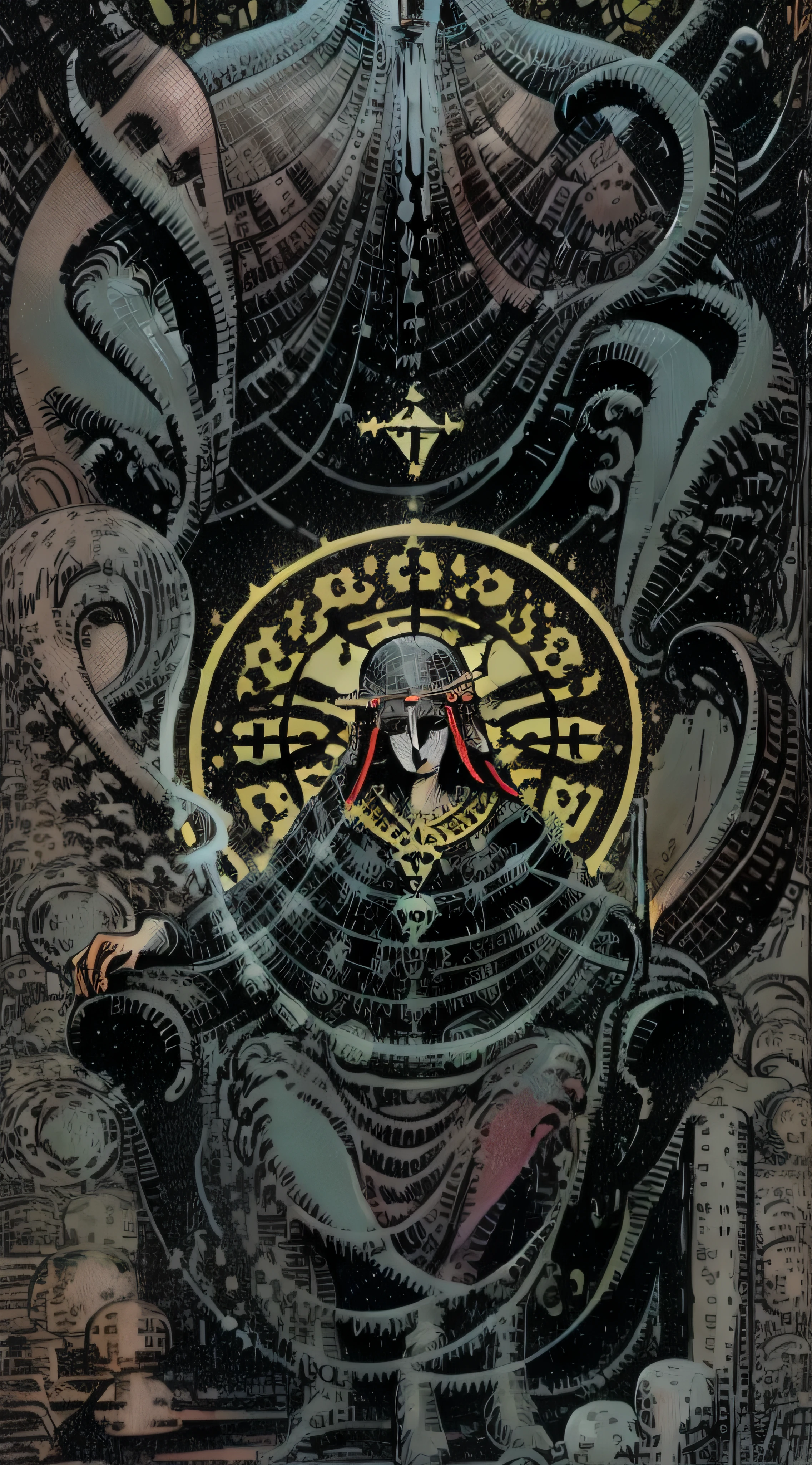 make several prompts for all the cards in a tarot deck where the art should be based on the tales of HP lovecraft, Illustrious 'The Priestess' as a mysterious figure who possesses forbidden knowledge and is in contact with cosmic entities