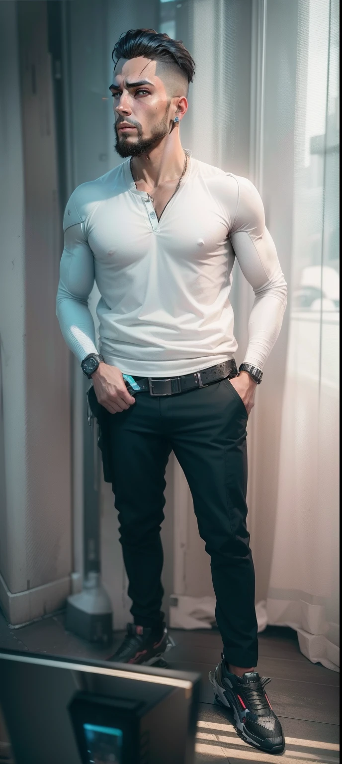 (absurderes, A high resolution, Ultra detailed, hdr), Masterpiece, Best quality, Portrait of a boy, Handsome boy with red eyes, Detailed face, Professional photo, The Arafed man went into battle shirtless, Fight comfortably，legs are open, (puffynipple(From below:1.1)), Focus on your audience, 30 year old boy, Handsome boy, [ A well-defined body ]，Light blue shirt opening，Abs，chest muscle，short white pants，large bulge，Black leather shoes，Close-up of feet，prinz，silber hair
