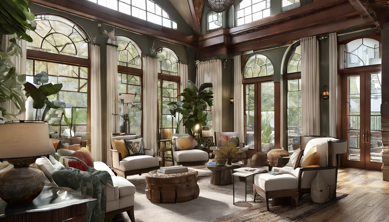 "Draw the Glass Castle inspired by the following description: Envision a majestic two-story structure. On the first floor, picture spacious areas, such as a living room, dining room, and kitchen, all interconnected and adorned with elegantly bohemian-style furnishings. On the second floor, sketch four individual bedrooms. Incorporate handcrafted interior details like tapestries, mosaics, and bead curtains, which maintain privacy without losing the ethereal ambiance. Ensure that sunlight filters through the glass walls, enhancing vibrant colors. Outside, illustrate a lush garden with exotic plants and wildflowers, creating a picturesque contrast with the delicate glass structure. Don't forget to include colorful stained glass windows and other magical details. Additionally, be sure to draw an elegant spiral staircase that connects the two floors."