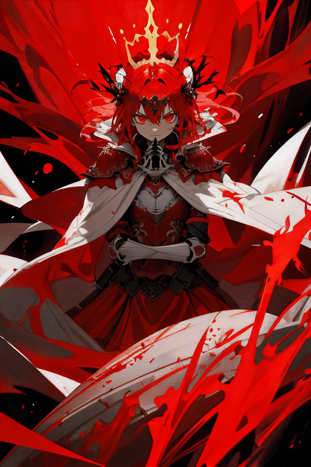 Woman with red hair and red eyes，The heavy crimson armor was decorated with flesh and blood，Inside the dilapidated blood-colored palace，It glows red。She wore a furious expression，Lots of detail，Ultimate beauty，Strong aesthetics，Surrounded by complex red shaped pipelines。Red cape，Golden decoration, White skeleton in hand，。There is a red crown on the head。surrounded by aura。particle fx。dyna