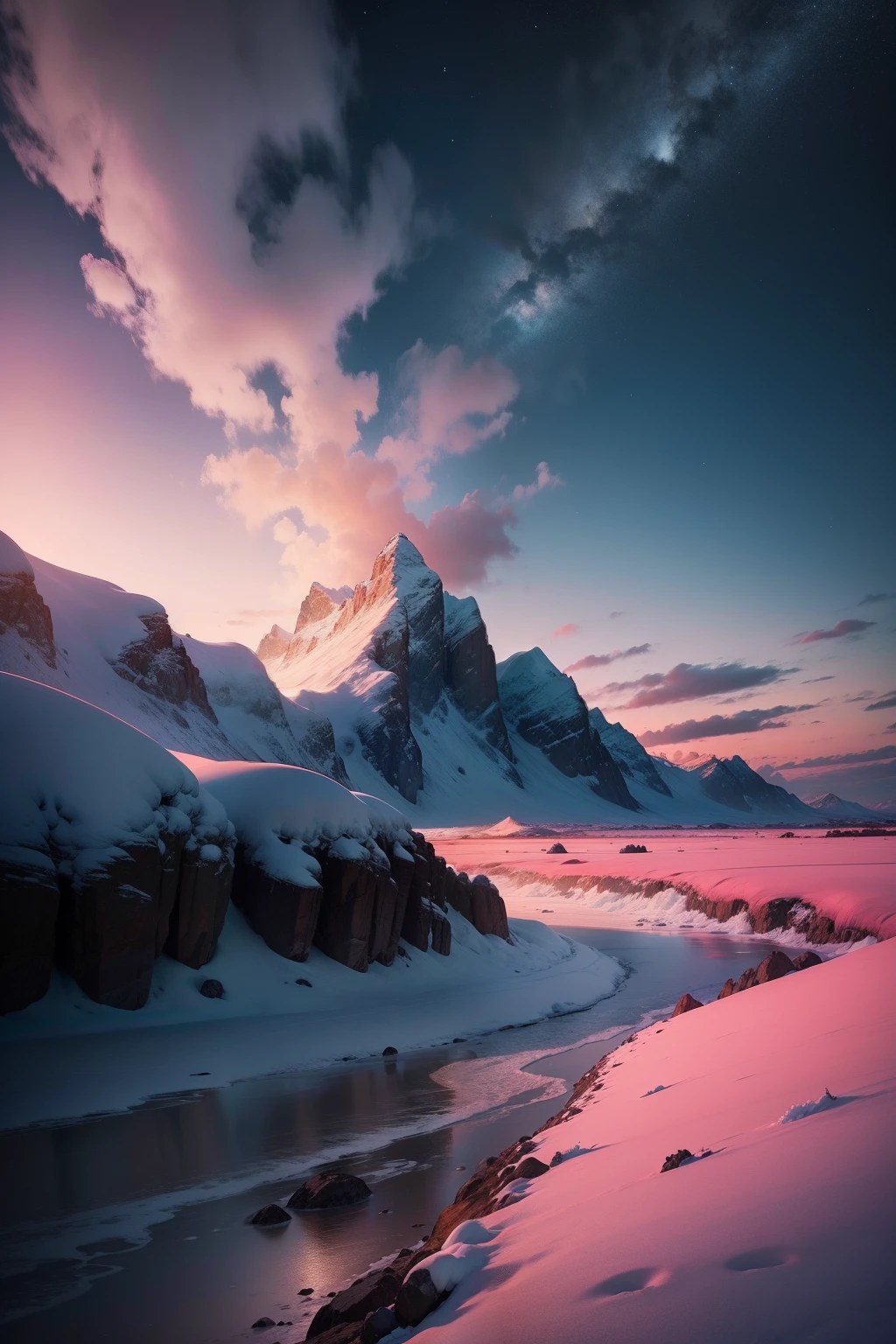 Sky Fall Lanscape na noite de inverno, montanhas ingrimes, nascente congelada, rosa congelada