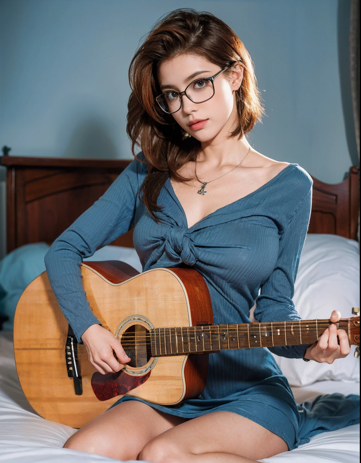 lucy pinder, voluptuous woman, ((VERY INTENSE MAKEUP)), (Adele), cleavage, brown hair, very curly hair, white blouse, (orange sweater), (blue jeans), glasses, chubby woman, playing guitar, singing