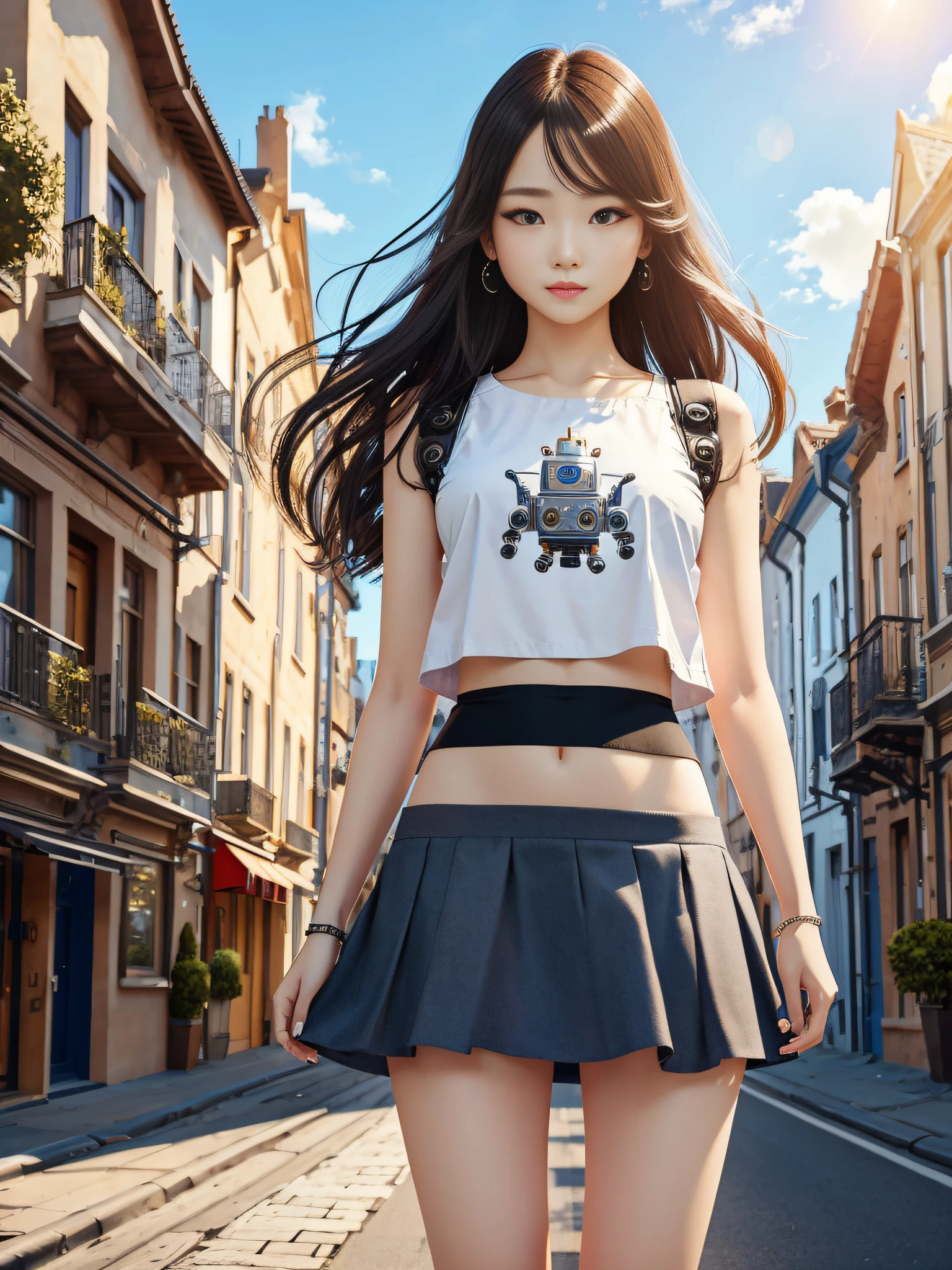robot, masterpiece, best quality, detailed, 1girl, hair, looking at viewer, (top:1.4), (mini skirt:1.3), city, people, arms behind back, sunny sky, house, street, cafe