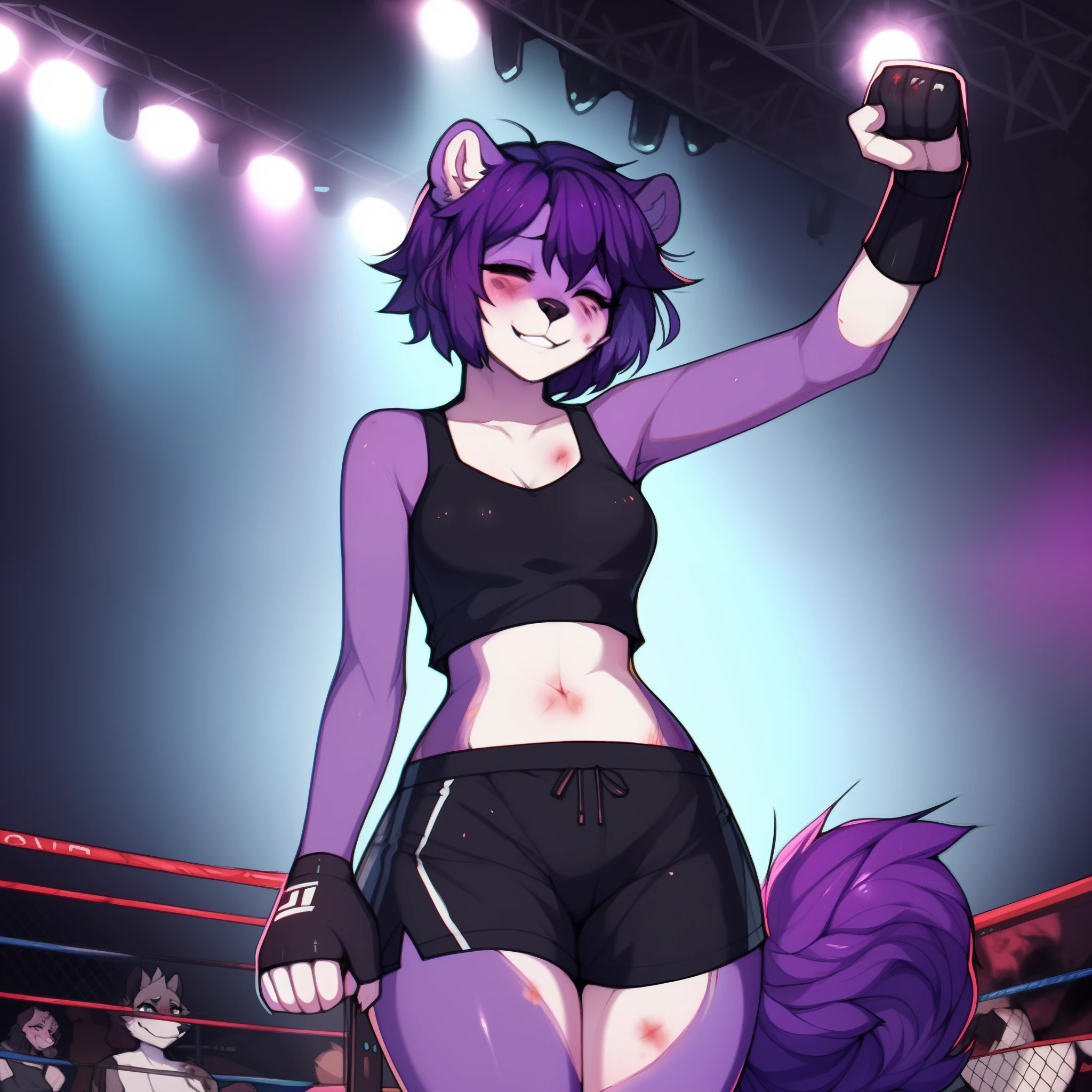 Furry anthro hyena girl, by claweddrip, bruised, smiling,