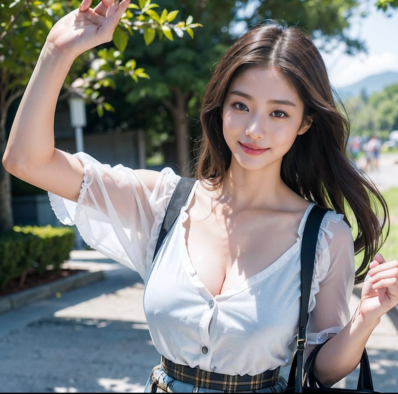 (top-quality、masterpiece)、(Realistic lighting with shadows)、huge filesize、hight resolution、elegent、realisitic、intricate detailes、(Perfect anatomical depiction of the human body)、1 girl with big、((Miraculous Super Size))、She is a girl、((Beautiful light brown eyes with glowing highlights))、Her charming little thin lips are、No lipstick, however、It's shiny、Brunette hair fluttering in the wind、 Backlit braided half-up hair、High school girl in summer clothes、Wear casual wear。Too tight for her huge blouse、Backed by all powerful buttons。、Skirt Pleated Mini with Tartan Check((The girl's breasts are not exposed at all))But、Very large breasts、Very beautifully、Looks like a school goddess。This picture is taken from the front.(It is a photo of a smile that looks like a wonderful flower blooming、Hold the bag with both hands。