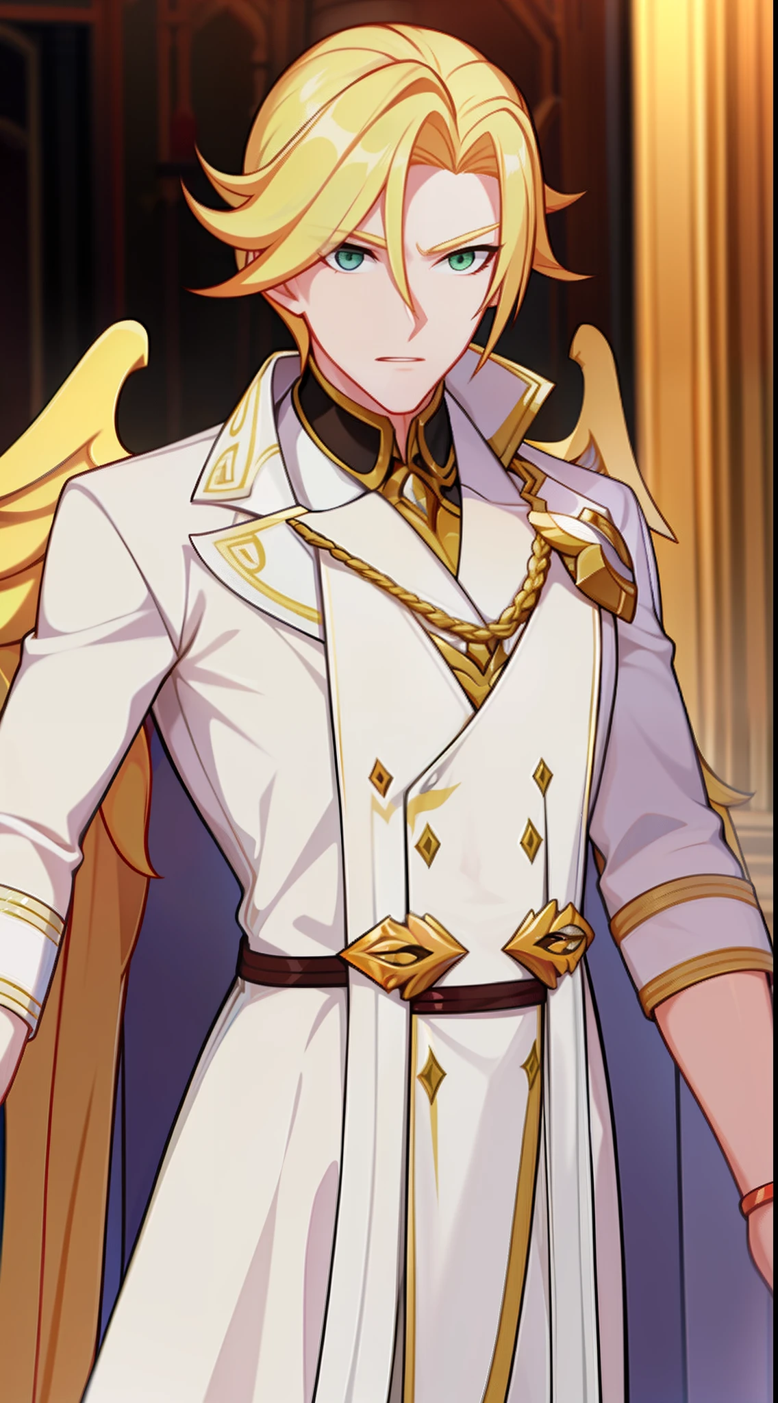 adult man, longue blonde hair, Green eyes, eye on the forehead, Toothed crown, open torso, King-God, wings, Masterpiece, hiquality