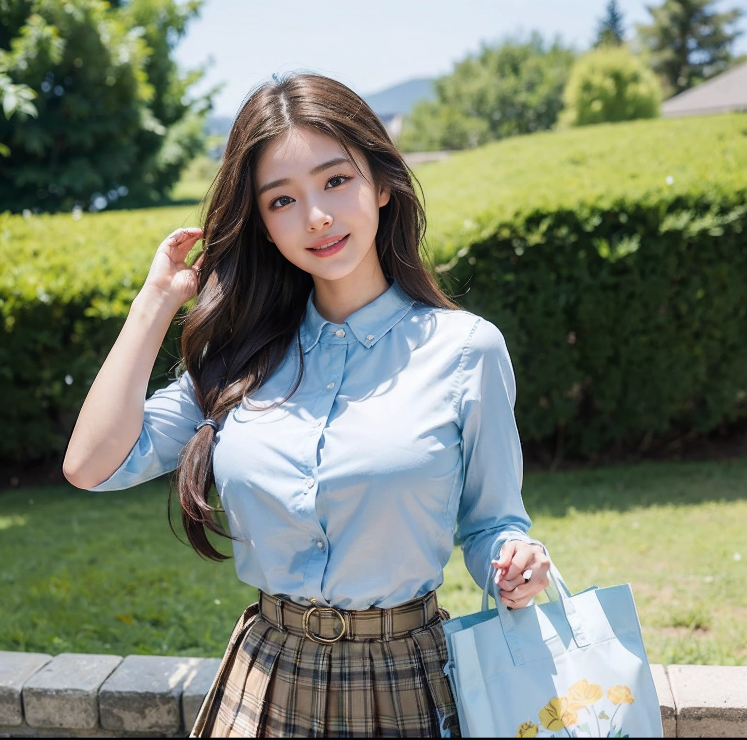 (top-quality、​masterpiece)、(Realistic lighting with shadows)、huge filesize、hight resolution、elegent、realisitic、intricate detailes、(Perfect anatomical depiction of the human body)、1 girl with big、((Miraculous Super Size))、She is a teenage girl、((Beautiful light brown eyes with glowing highlights))、Her charming little thin lips are、No lipstick, however、It's shiny、Brunette hair fluttering in the wind、 Backlit braided half-up hair、High school girl in summer clothes、Wear casual wear。Too tight for her huge blouse、Backed by all powerful buttons。、Skirt Pleated Mini with Tartan Check((The girl's breasts are not exposed at all))But、Very large breasts、Very beautifully、Looks like a school goddess。This picture is taken from the front.(It is a photo of a smile that looks like a wonderful flower blooming、Hold the bag with both hands。
