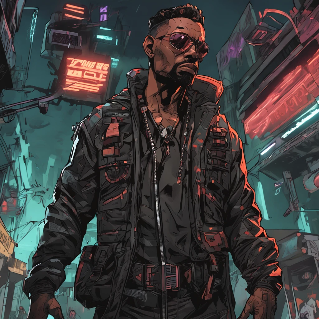 Crie a arte de um personagem humano masculino, vestindo jaqueta de trincheira longo da cor preta, inspirado no jogo Shadowrun, Fantasy Cyberpunk Noir, cyberpunk noir, estilo bladerunner