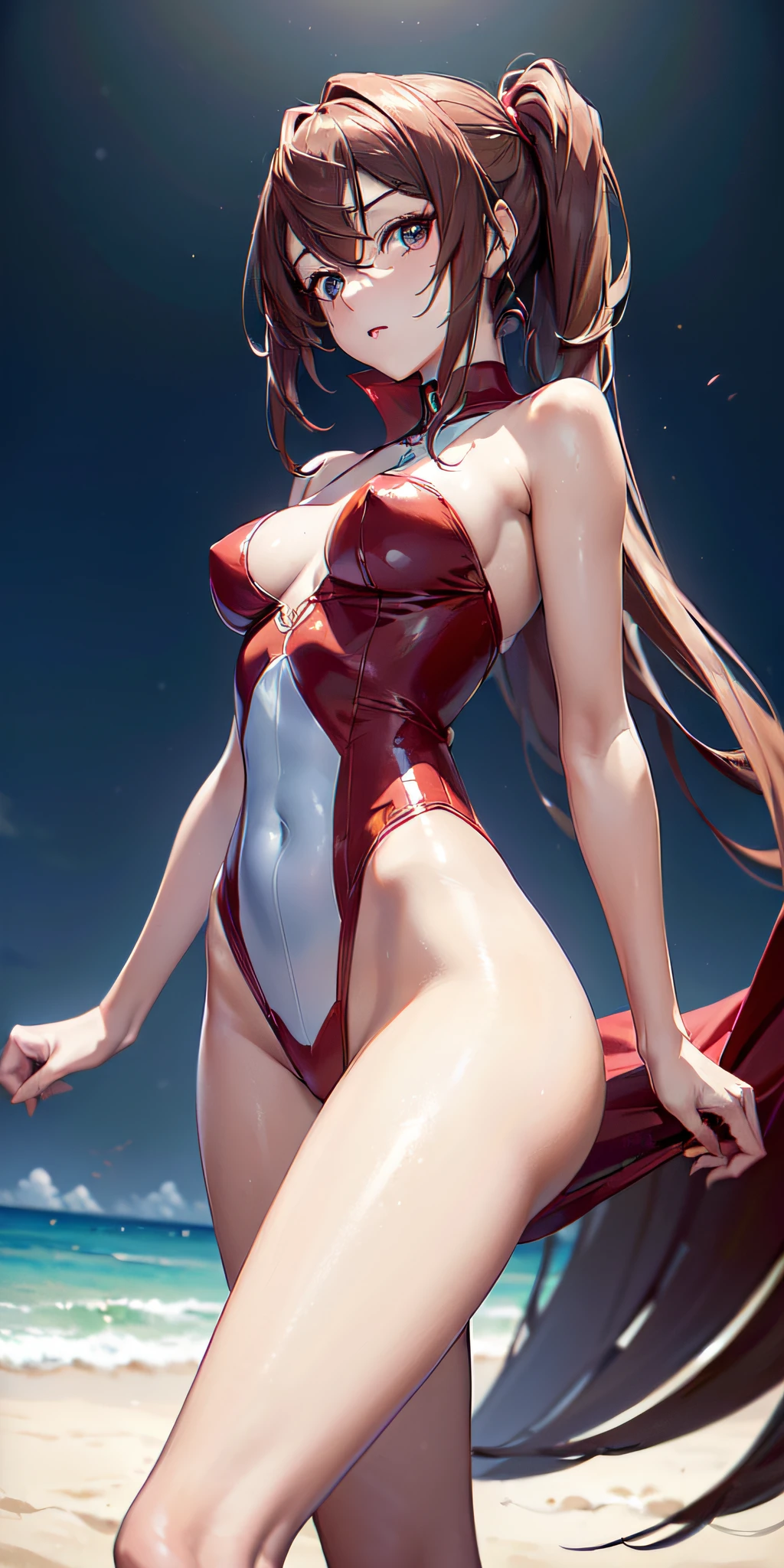 ((Kallen Codegeass, Arte vectorial plano, only 1girl, (ojos hermosos finamente detallados y cara detallada), ojos azules, ((Pelo rojo, Traje de enchufe rojo)), bodysuit, slim build, muslo, En pie, desde abajo, highest qualityr, High resolution. detalles intrincados))