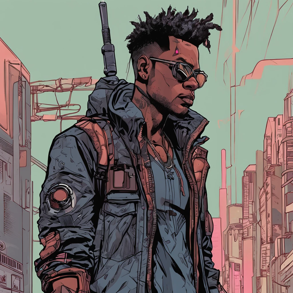 Crie a arte de um personagem humano jovem masculino, vestindo jaqueta de trincheira longo da cor preta, inspirado no jogo Shadowrun, Fantasy Cyberpunk Noir, cyberpunk noir, estilo bladerunner