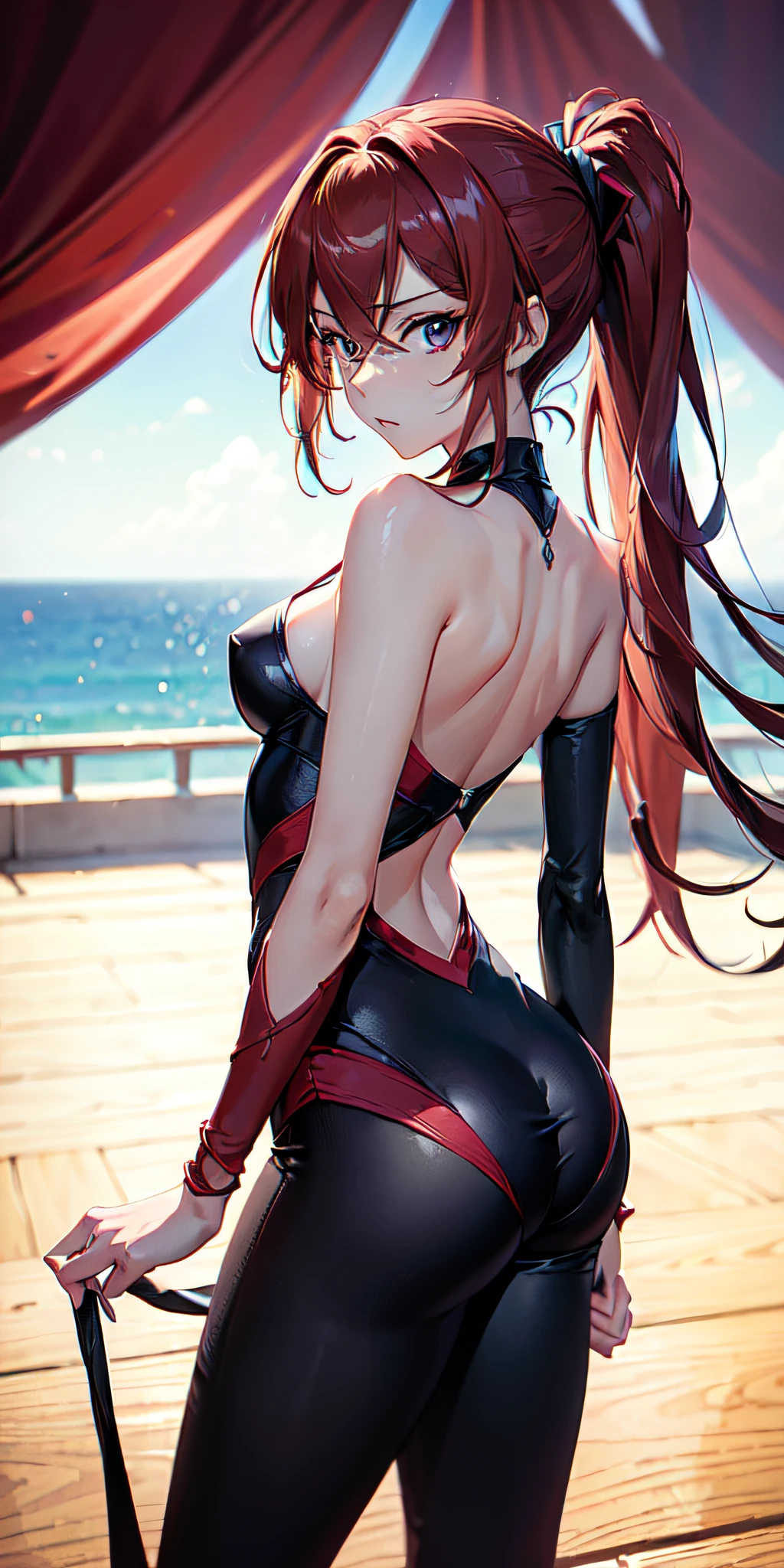 ((Kallen Codegeass, Arte vectorial plano, only 1girl, (ojos hermosos finamente detallados y cara detallada), ojos azules, ((Pelo rojo, Traje de enchufe rojo)), , slim build, muslo, En pie, desde abajo, highest qualityr, High resolution. detalles intrincados))