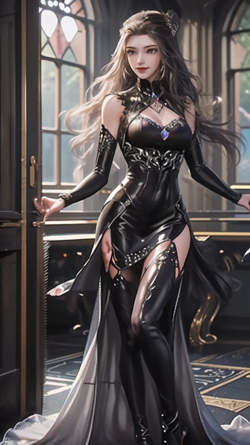 ((Best Picture Quality, 8k, tmasterpiece:1.3)), 1girl, Beautiful woman with slender abs:1.3, (Casual hairstyle), Princess dress:1.1, Ultra-fine face, A detailed eye, 二重まぶた,ssmile,Home, fullbody