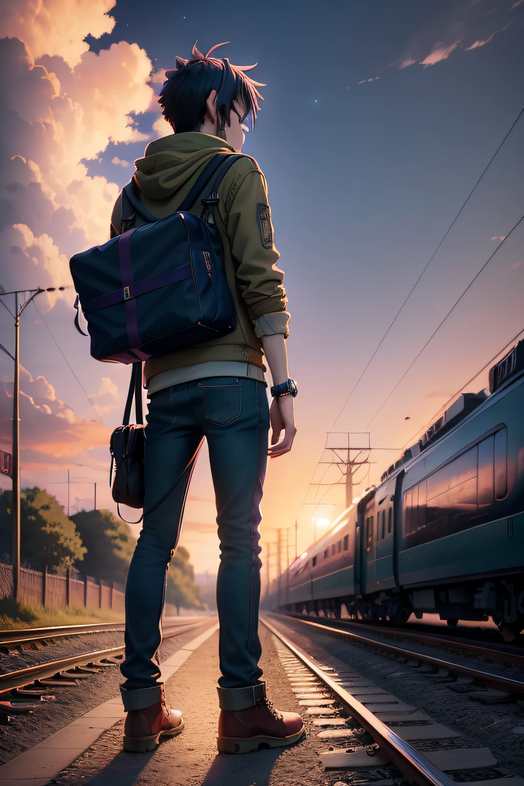 Anime scene of a train passing under a pink and purple sky, um desenho de anime de Makoto Shinkai, Trend in Pixiv, magic realism, bela cena de anime, cosmic skies. por makoto shinkai, ( ( makoto shinkai ), por makoto shinkai, arte de fundo anime, estilo de makoto shinkai, 2-D band Gorillaz stands beside the tracks playing guitar and looking at the train.