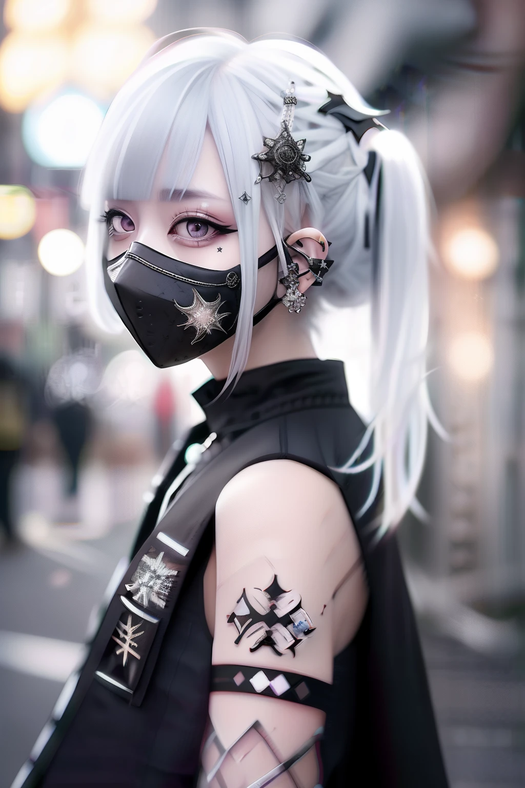 white of the eye。goth_punk, 1girl in, 独奏, medium shot, Walking in Harajuku, ((during night)), bokeh dof, neon light, iridescent eyes, starrysky, White sparkling hair, White eyebrows, Radiant hair, (iridescent white hair), 耳Nipple Ring, bangss, jewely, masks, bluntbangs, verd s eyes, Mouth mask, blurry backround, bblurry, hair adornments, Look at viewers, shorth hair, portraitures, side locks