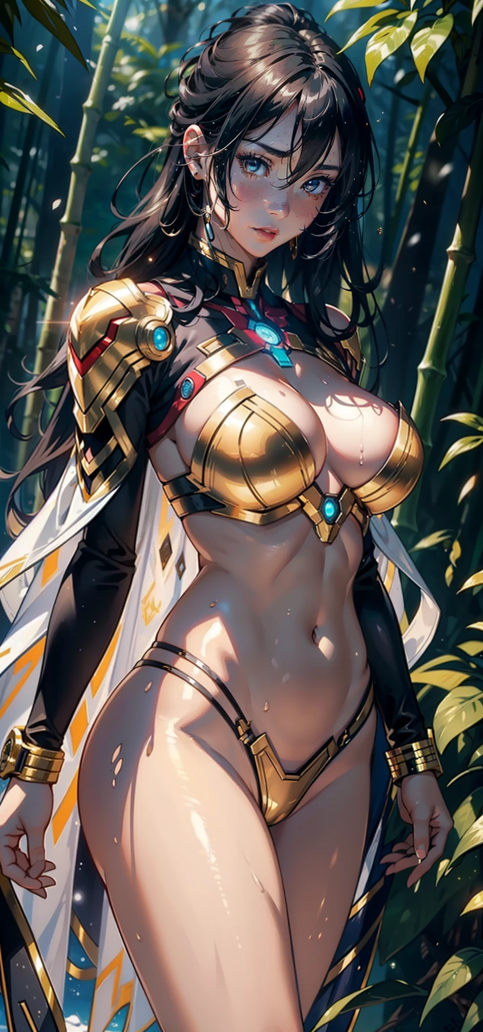 1womanl，36 years old，熟妇，mature，Bigchest，Big breasts Thin waist，long leges，Raised sexy，Pornographic exposure， standing on your feet（Background with：bamboo forrest，at winter season，Snow on the ground，NOWAI） She has short black hair，dynamicposes，Sweat profusely，drenched all over the body，seen from the front， hair straight， mostly cloudy sky，（（（tmasterpiece），（Very detailed CG unity 8K wallpaper），best qualtiy，cinmatic lighting，detailed back ground，beatiful detailed eyes，Bright pupils，（Very fine and beautiful），（Beautiful and detailed eye description），Black eyes，Redlip，ultra - detailed，tmasterpiece，）），facing at camera，（The upper part of the body），A high resolution，ultra - detailed），revealing breasts，Bare genitalia，  Bulge，legs are open，sexyposture，Camel toes，Flushed complexion，Open-mouthed，frontage，Gold Saint Seiya，Lotus hair ornaments，（Wearing：blue bikini，Armour，Gold wire embroidery，Iron Man uniform）cyber punk style