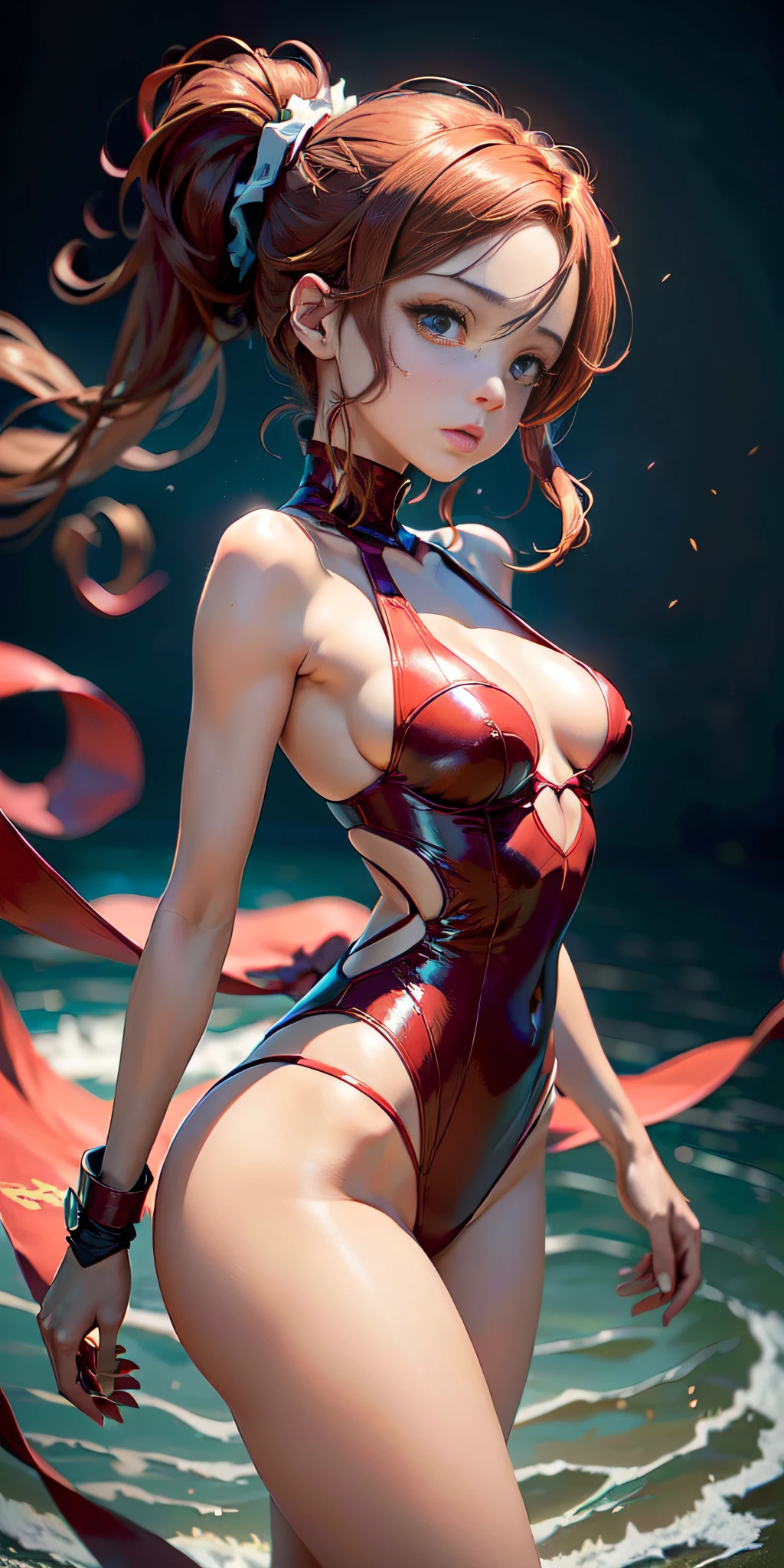 ((Kallen Codegeass, Arte vectorial plano, only 1girl, (ojos hermosos finamente detallados y cara detallada), ojos azules, ((Pelo rojo, Traje de enchufe rojo)), bodysuit, slim build, muslo, En pie, desde abajo, highest qualityr, High resolution. detalles intrincados))