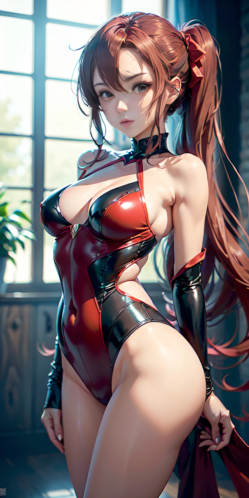 ((Kallen Codegeass, Arte vectorial plano, only 1girl, (ojos hermosos finamente detallados y cara detallada), ojos azules, ((Pelo rojo, Traje de enchufe rojo)), bodysuit, slim build, muslo, En pie, desde abajo, highest qualityr, High resolution. detalles intrincados))