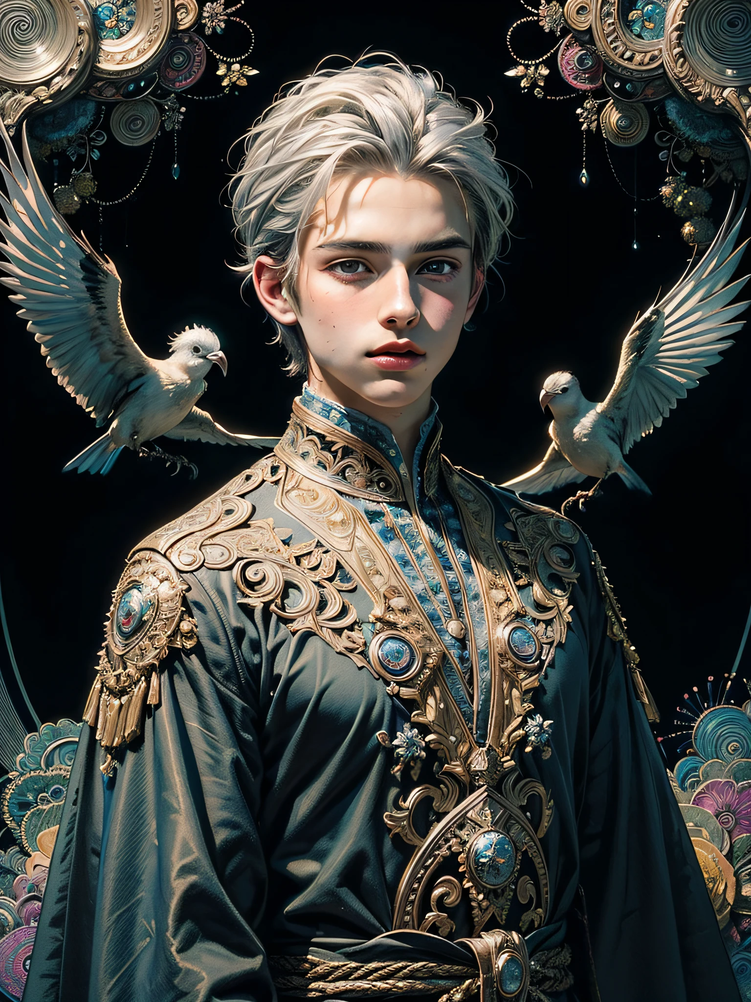realistic, (masterpiece, top quality, best quality, official art, beautiful and aesthetic:1.2), extremely detailed,fractal art,colorful,highest detailed,zentangle,(abstract background:1.5) (1boy:1.3), (birds),silver hair, bright eyes,hair slicked back, short hair, black robe,