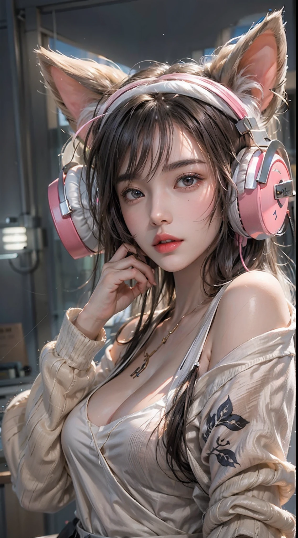 photorealistic, high resolution, soft light,1women, solo, hips up, shining skin, (detailed face), jewelry, tattoo, off-shoulder t-shirt, skirt, pink headphone, cat ears headphone, gamer