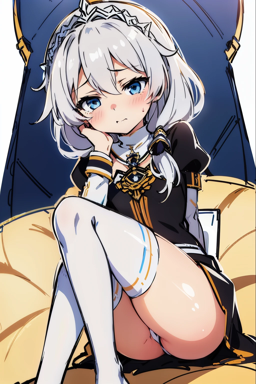 (valkyrie_pledge,Chibi,sketch,Presenting,White tights,feet up,,Footjob :1.2),NSFW, Flat_Chest, Black_Dress, nun, ,silber hair, long skirt,White tights,Looking away,(full-face blush),embarrassed,low angles, Juice stain,Holy Church,