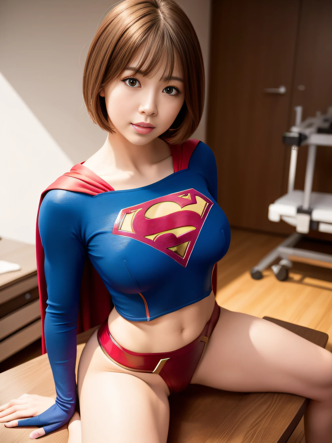 masterpiece,Supergirl Costume, short-hair, bare-legged, large full breasts,surgery room、Operating table、straddle、depraved、shiny、Looking at the camera、Provocation、estrus