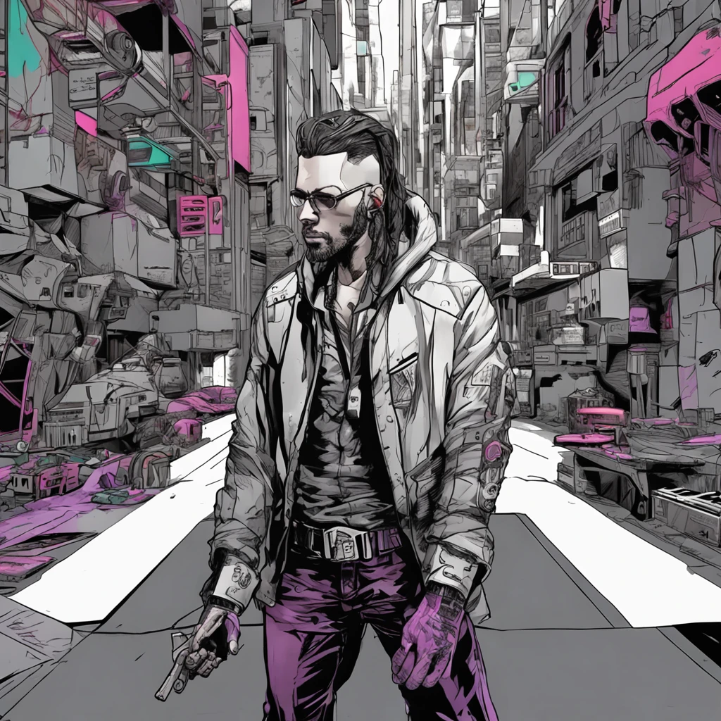 Crie a arte de um personagem humano, jovem, masculino, branco, vestindo jaqueta de trincheira longo, inspirado no jogo Shadowrun, Fantasy Cyberpunk Noir, cyberpunk noir,