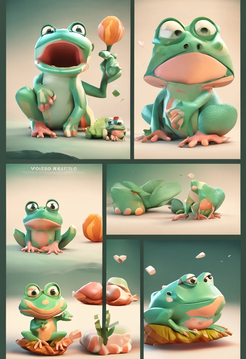 3d vector set of cute frog icons in the style of atey ghailan, mixes realisitic and fantastical elements, candy core realistic and hyper-detailed renderings, low poly, soft muted color palette, isolate on white