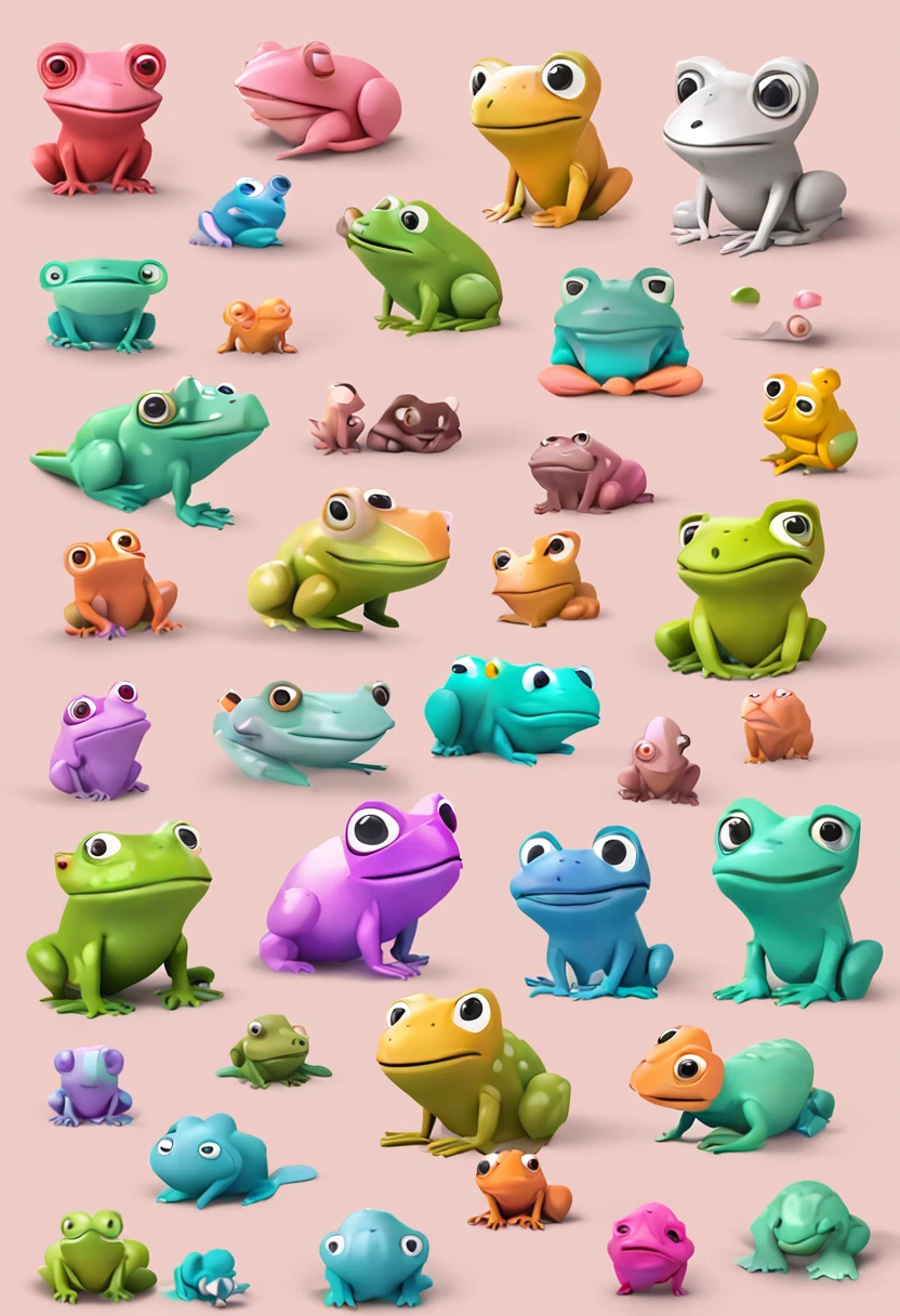 3d vector set of cute frog icons in the style of atey ghailan, mixes realisitic and fantastical elements, candy core realistic and hyper-detailed renderings, low poly, soft muted color palette, isolate on white