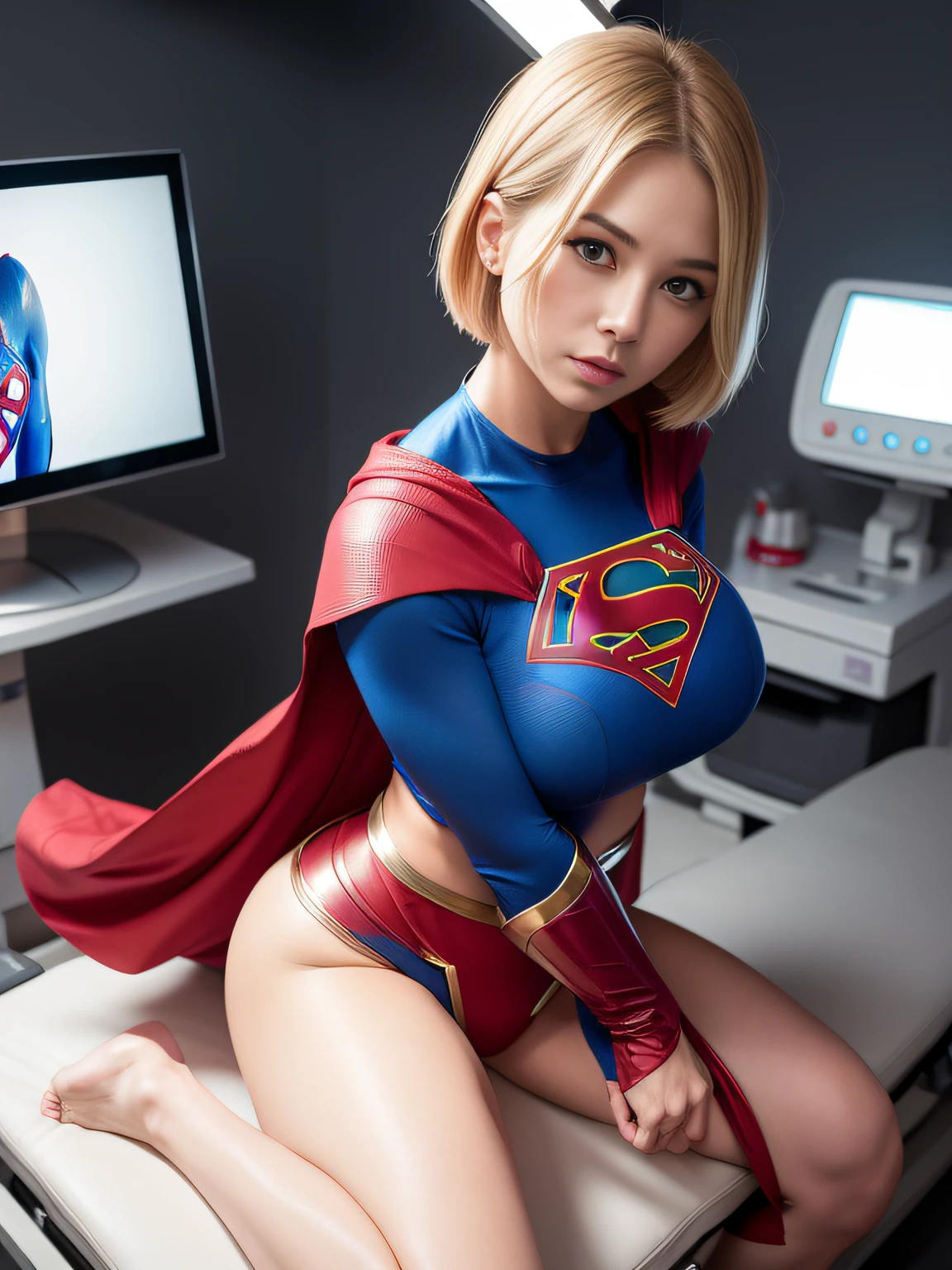 masterpiece,Supergirl Costume, short-hair, bare-legged, large full breasts,surgery room、Operating table、straddle、depraved、shiny、Looking at the camera、seduces、estrus