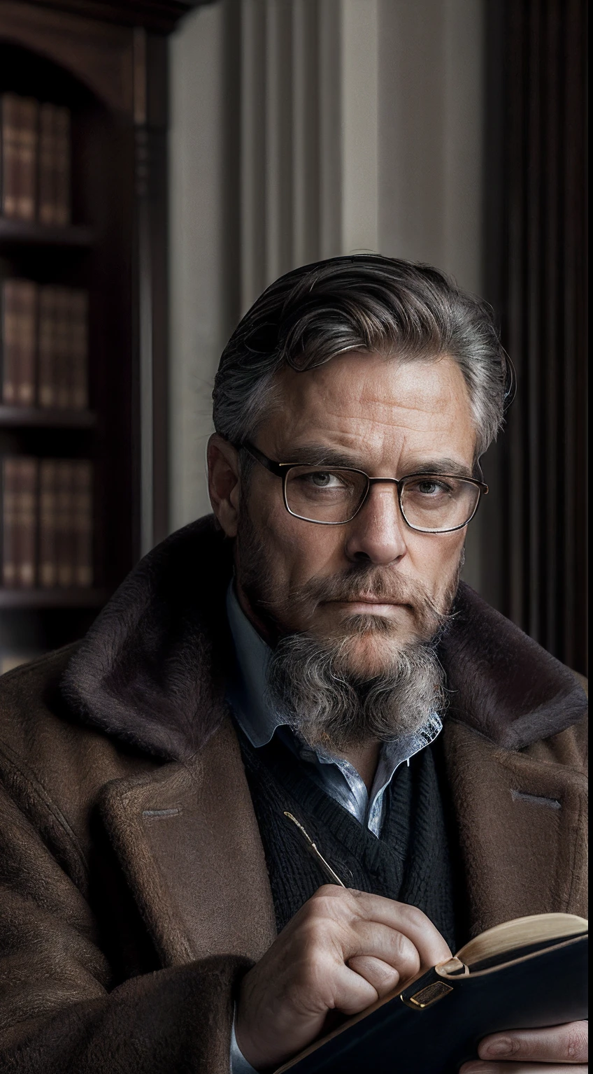 (editorial photograph 9:16 of a working man sitting in his living room in, bearded, calm,confident,look rich,serious doing his reading, 52 years old, brown eyes), (wearing luxury coat, wearing nerd glasses, detailed:1.3), (highly detailed face:1.4), (background inside dark, grumpy, private study libary, antique furniture:1.3), (8k, uhd, DSLR, high quality, cinematic lighting, bokeh), (dramatic and award-winning photography, amazing masterpiece:1.3) (strong depth of field)show book