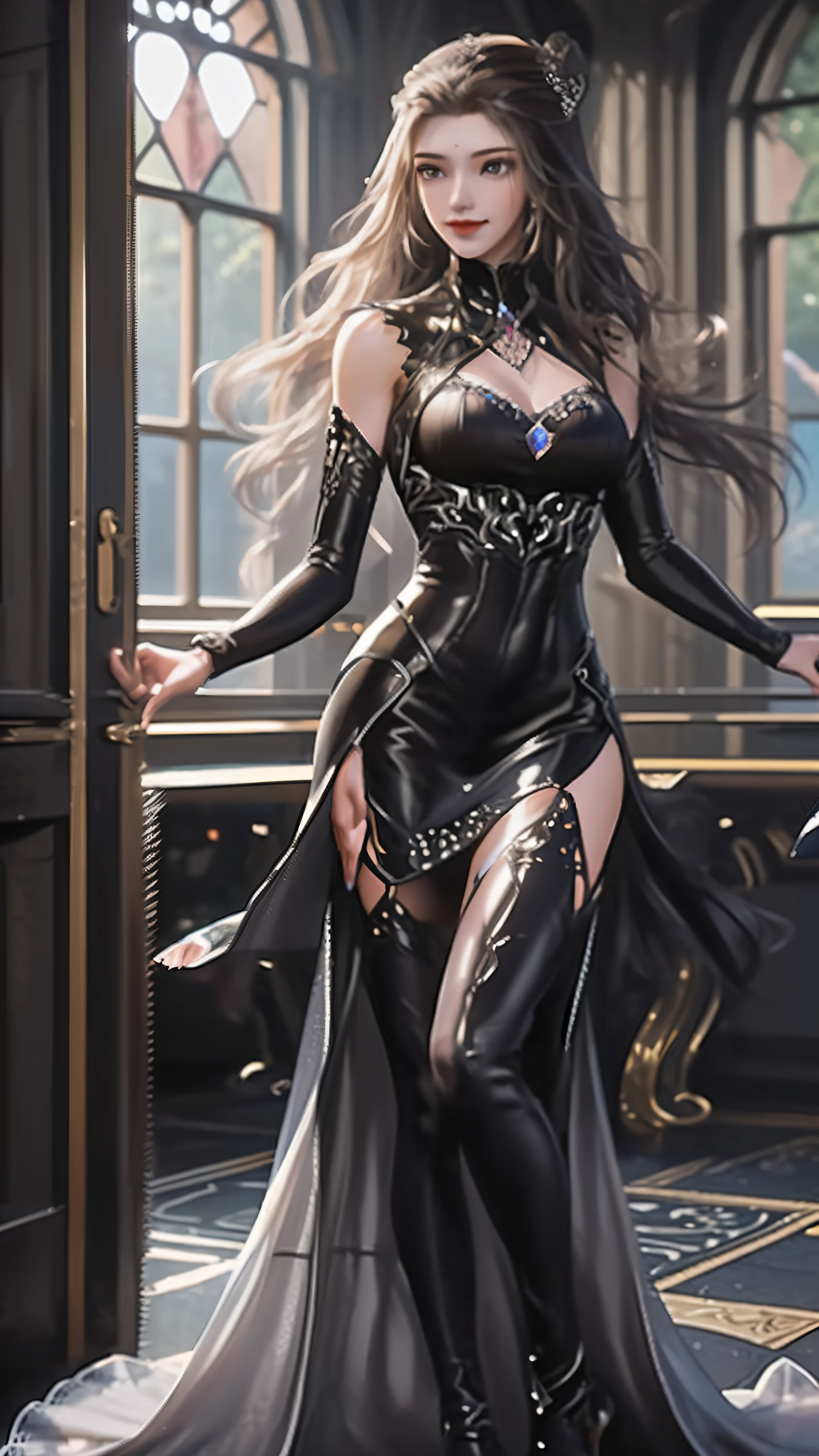 ((Best Picture Quality, 8k, tmasterpiece:1.3)), 1girl, Beautiful woman with slender abs:1.3, (Casual hairstyle), Princess dress:1.1, Ultra-fine face, A detailed eye, 二重まぶた，ssmile，Home, fullbody