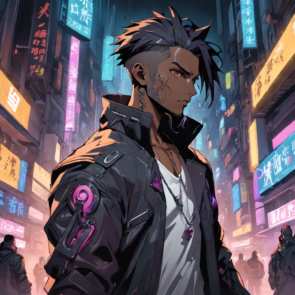 Crie a arte de um personagem humano masculino, vestindo jaqueta de trincheira longo da cor preta, inspirado no jogo Shadowrun, Fantasy Cyberpunk Noir, cyberpunk noir, estilo bladerunner