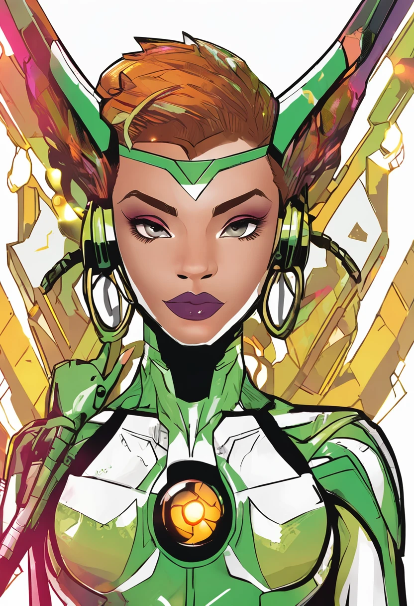 The Galactic Power Ranger features a modern design inspired by classic Power Rangers, Prioritizing protection and agility. Con un tono de piel afroamericano, Her short, fashionable hair is complemented by golden lenses that add a touch of elegance.. Her main outfit is a vibrant neon green color, radiating energy and vitality. El traje completamente blanco destaca en contraste con este tono. The bike-inspired helmet has a streamlined design and a black visor for an avant-garde touch. When facing an intergalactic threat, Galactic energy flows through it, haciendo que sus curvas doradas brillen con poder. Despliega su arco, wielding it with grace and security. Energy is concentrated on your weapon, y en un movimiento impactante, dispara un rayo gigante de color dorado. El rayo arremete contra la amenaza, triggering an explosion of energy that illuminates space. Como Ranger, Its purpose is to protect the galaxy by channeling the energy of a galactic stone to maintain cosmic balance.. Design fuses grace and power, capturando la dualidad de sus habilidades y personalidad.