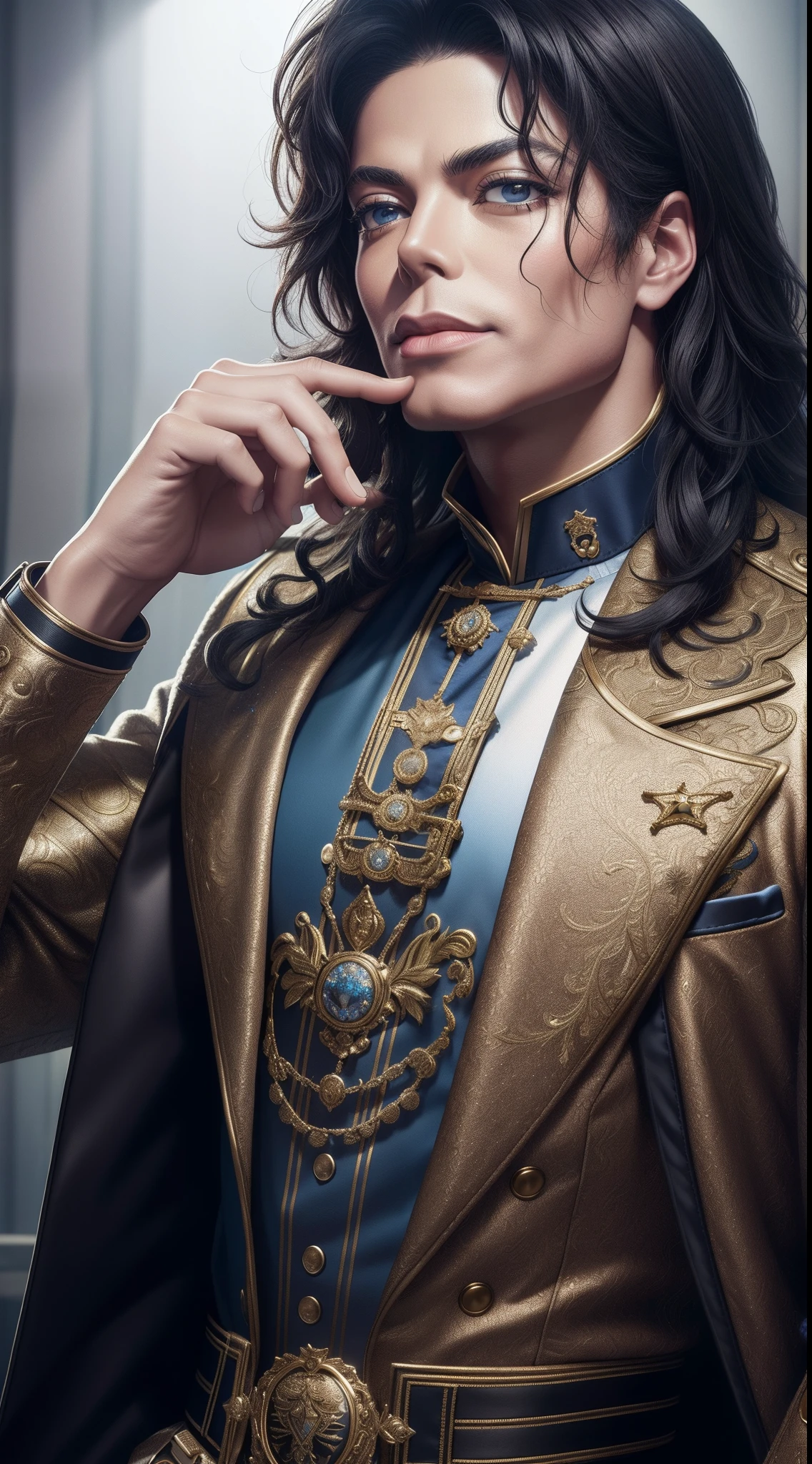 Micheal Jackson, (masterpiece), best quality, 8k, 4k, hd, hires, best quality, masterpiece, ultra-high detailed, hyper-detailed, intricate details, photo-realistic, beautiful details, studio lighting, detailed clothing, highly textured clothing, satin lighting, hyper resolution, insanely detailed,