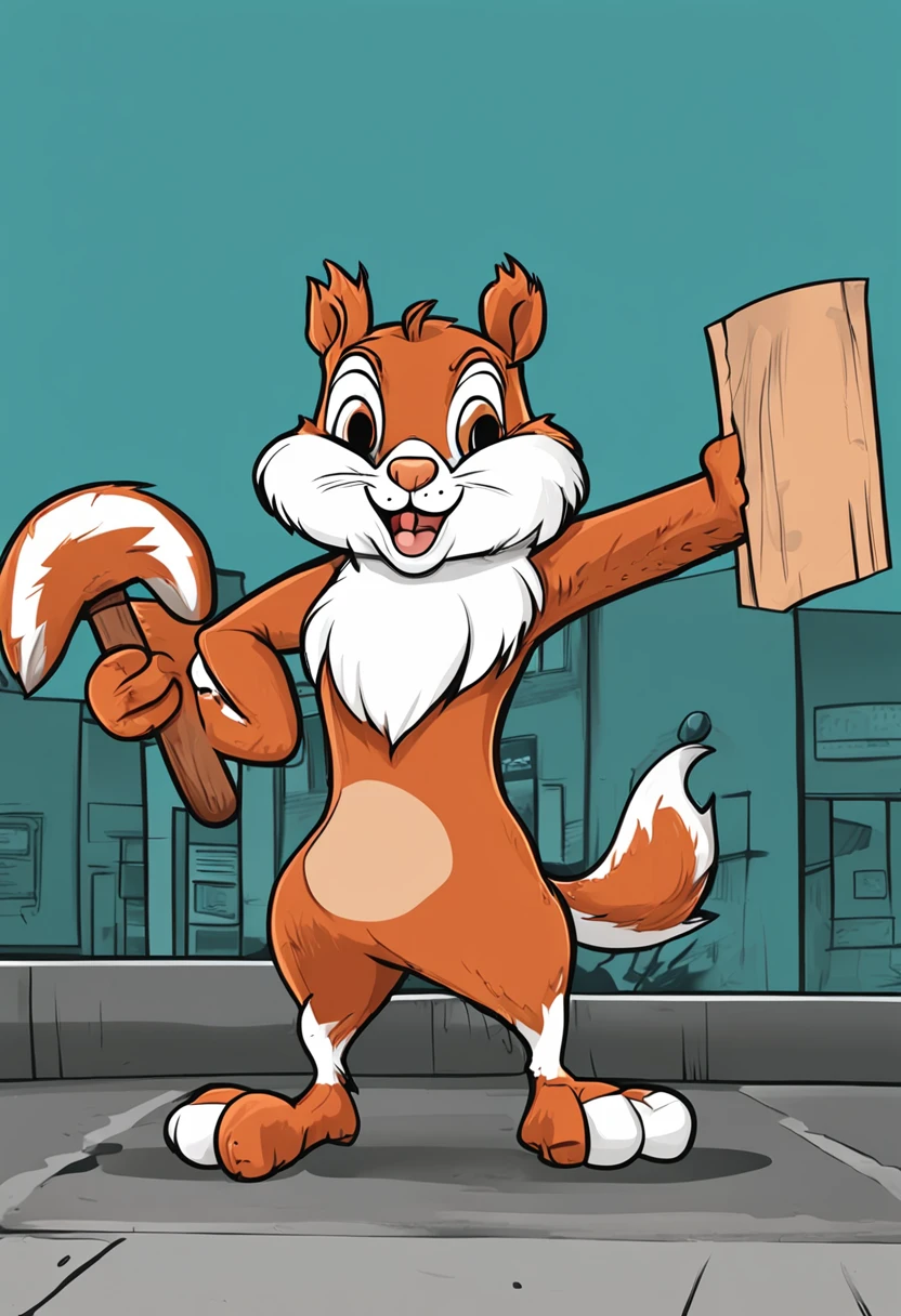 Cartoon squirrel holding a stick up, 1024x1024, mascote com, Illustrations of mascots, personagem bonito dos desenhos animados, high school mascot,usar roupas,Backgrounid branco