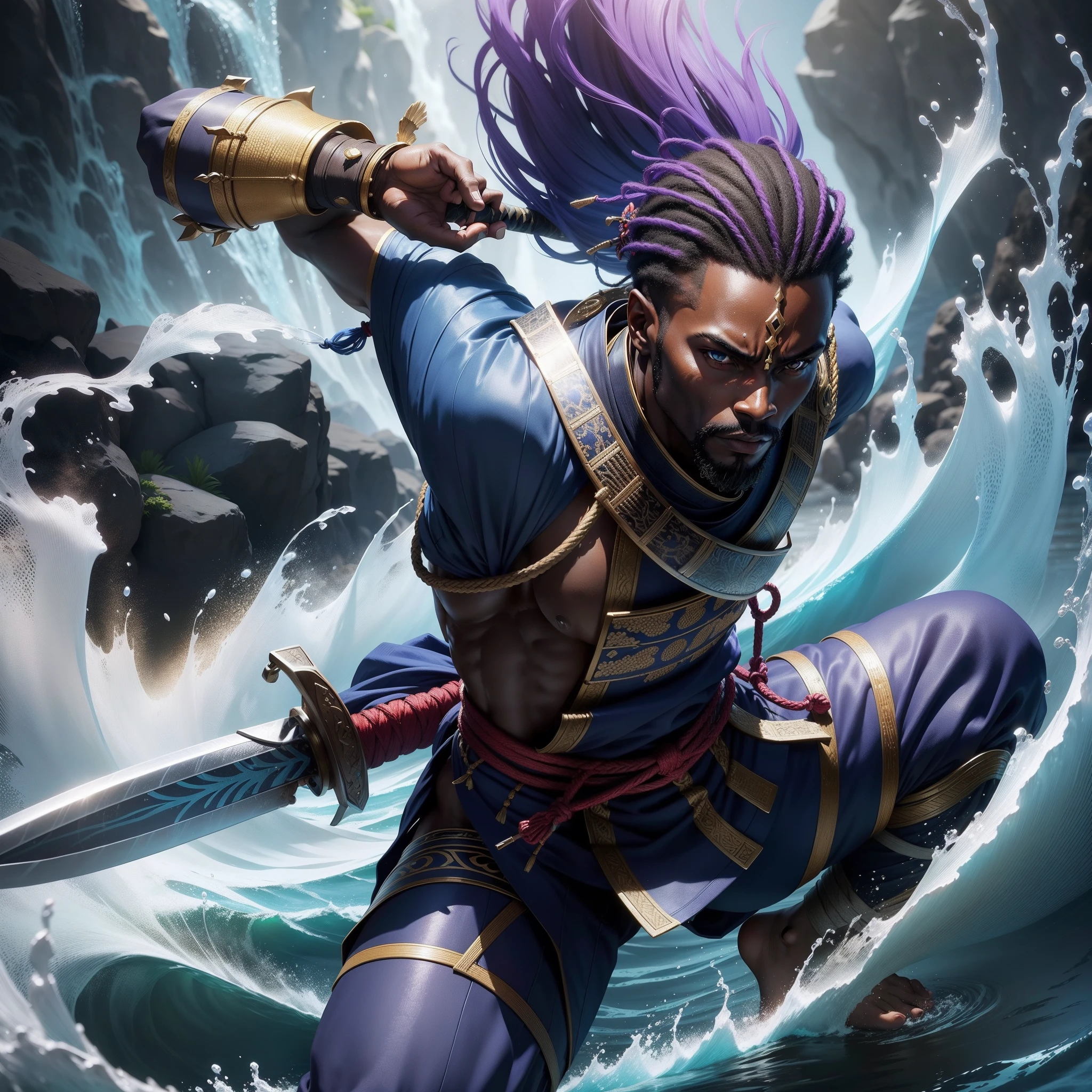 an African man dressed in African designed samurai clothes, with a sword in his hand in a blue water, fighting pose and training with the sword, warrior skilled, with iridescent light, highly detailed images, vibrant beautiful colours, photorealistic image, 8k, ultra HD, unreal engine rendered, cinematic lighting, artgerm style,