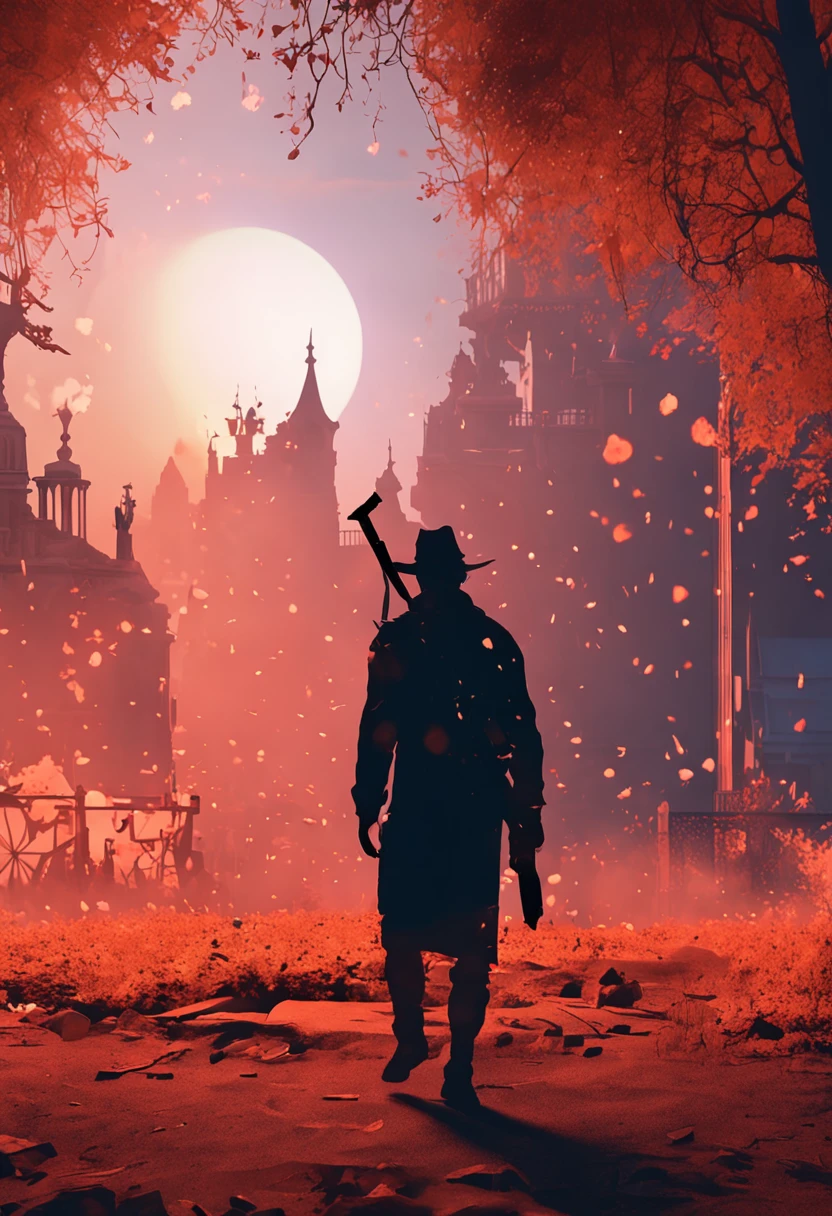 Silhouette of a hunter in the city of Yanan, Bloodborne, Glowing eyes, T-shirt design, dark magic splash, Gothic, Halloween, Burn orange gradient, magic, Nature, Clean background, Magic splash, 3D vector art, Fantasy art, Watercolor effect, Bokeh, Adobe illustrator, Hand-drawn, Digital painting, Soft lighting, Isometric style, retro aesthetic, 4K 分辨率, using Cinema 4D, Natural lighting, Cinematic, Masterpiece, Highly detailed, Intricate, Extreme texture, Horror, Terry Fassing, Creepy, Scary