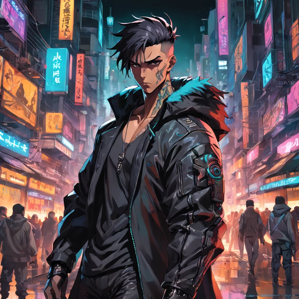 Crie a arte de um personagem humano masculino caucasiano, vestindo jaqueta de trincheira longo da cor preta, inspirado no jogo Shadowrun, Fantasy Cyberpunk Noir, cyberpunk noir, estilo bladerunner
